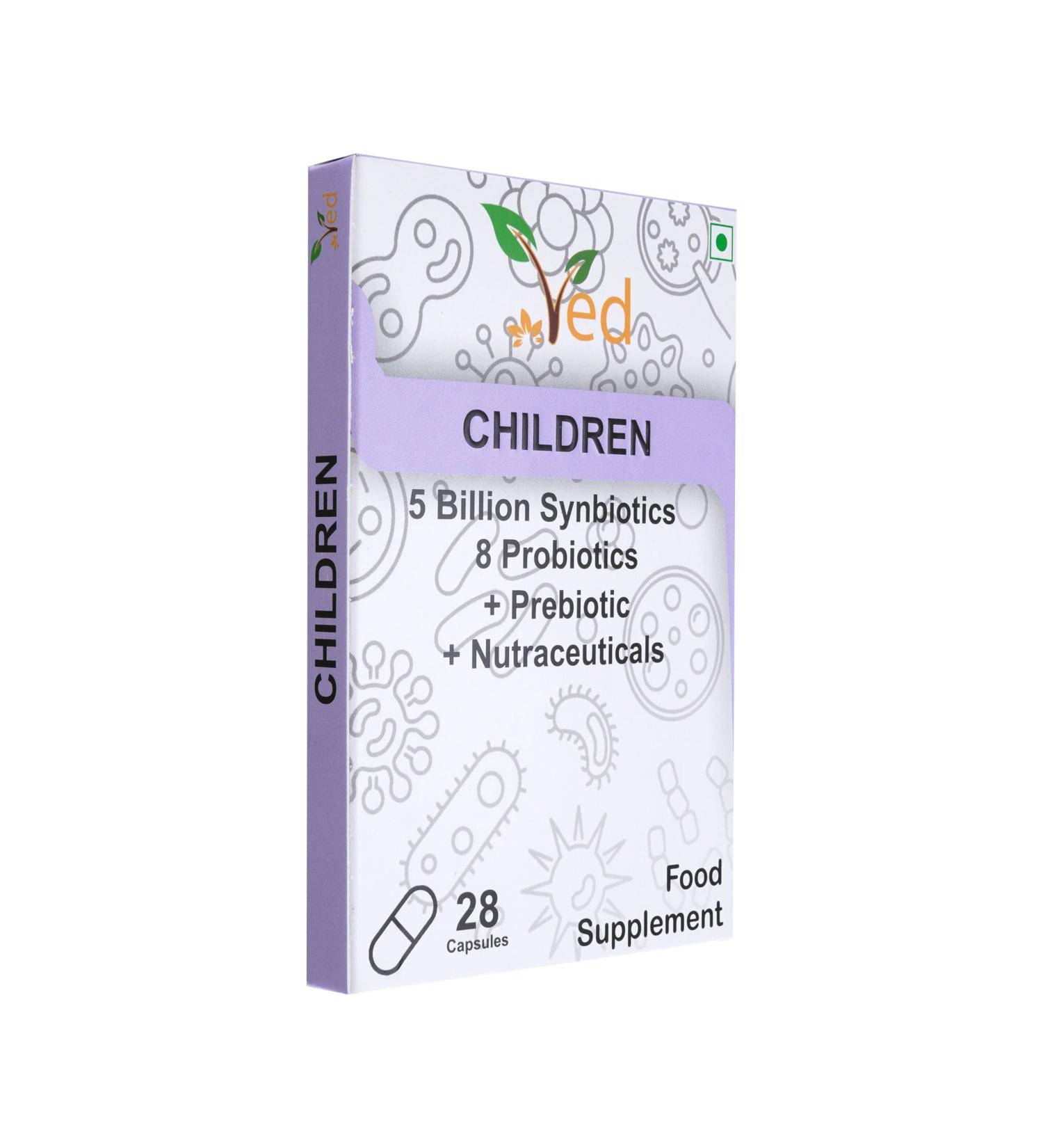 Ved Children Complex Probiotics and Prebiotics Complex - 5 Billion CFU - 20 Live Bacterial Cultures - 28 Probiotic Complex Capsules for Children - Lactobacillus helveticus Silicon Dioxide - Buy Online on GoSupps.com