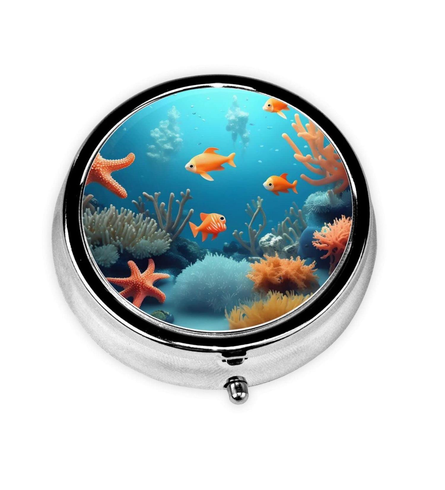 Coral Fish Underwater Round Pill Box | 3 Compartments Portable Organizer for Travel | Ideal Purse & Pocket Size - Buy Online on GoSupps.com