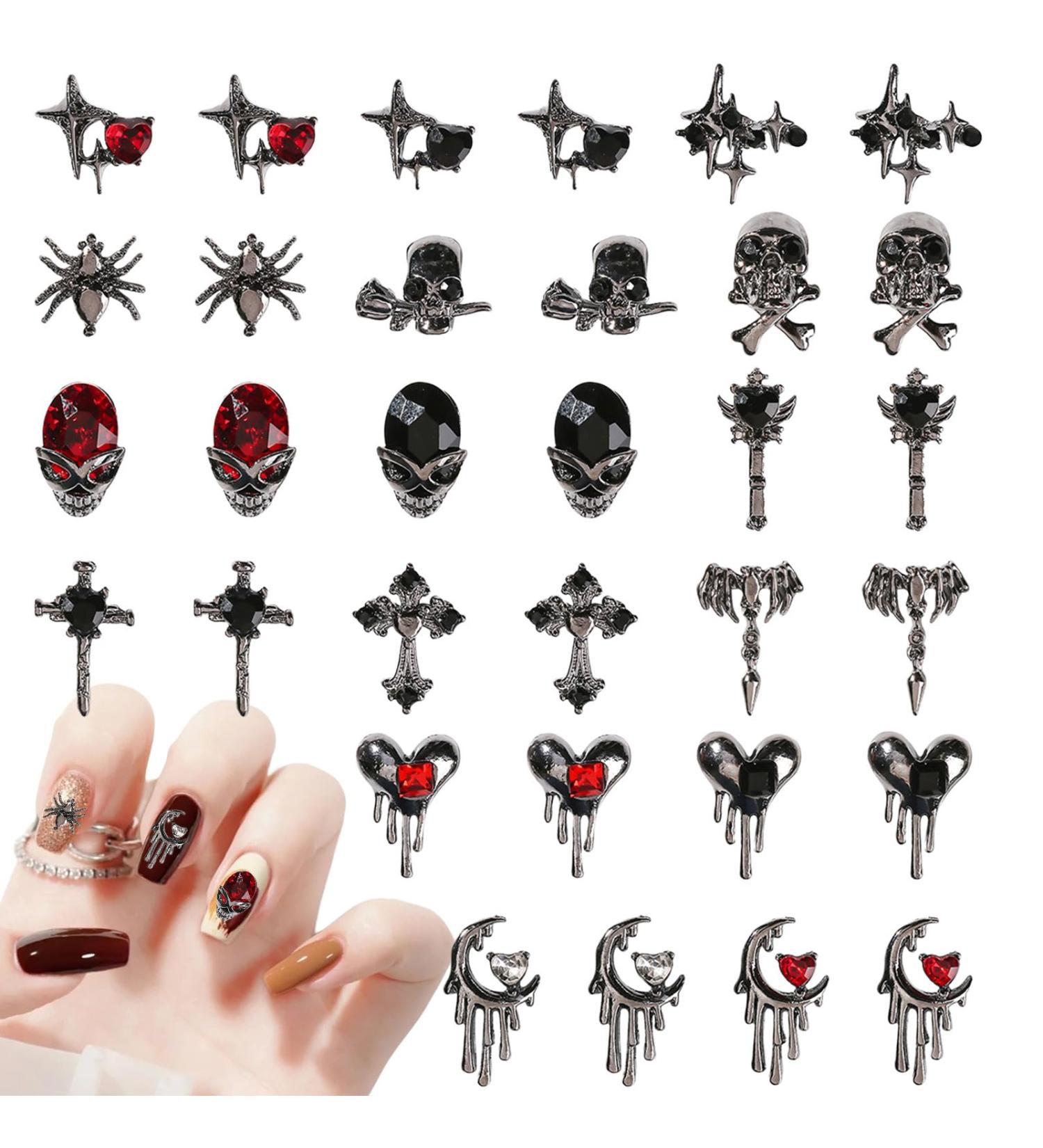 Halloween Nail Charms 32 Pcs 3D Star Moon Heart Cross Skull Spider Rhinestones - Black Nail Jewelry for DIY Nail Art - Buy Online on GoSupps.com