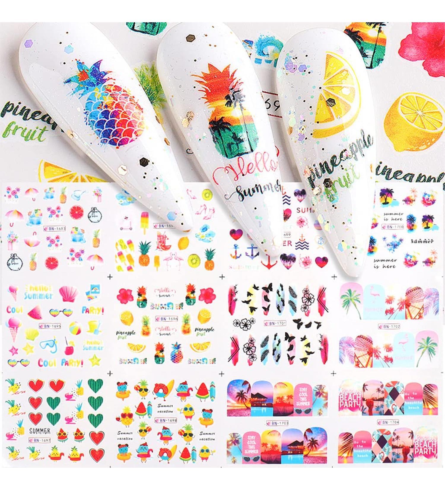 Summer Nail Stickers - 12 Sheets Water Transfer Decals with Colorful Fruit Designs - Pineapple, Watermelon, Summer Elements - DIY Nail Art - Buy Online on GoSupps.com