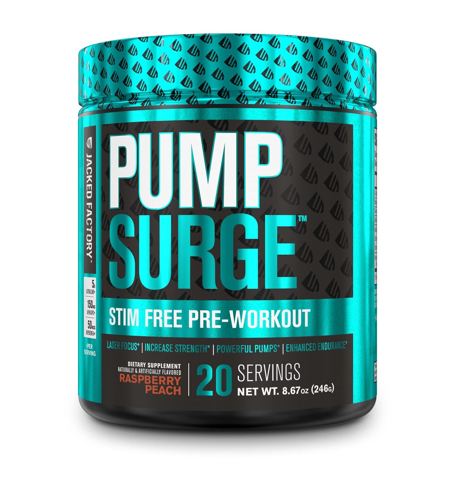 PUMPSURGE Caffeine-Free Pre Workout Supplement - Pump & Nootropic Powder - Nitric Oxide Booster - 20 Servings (Raspberry Peach) - Buy Online on GoSupps.com