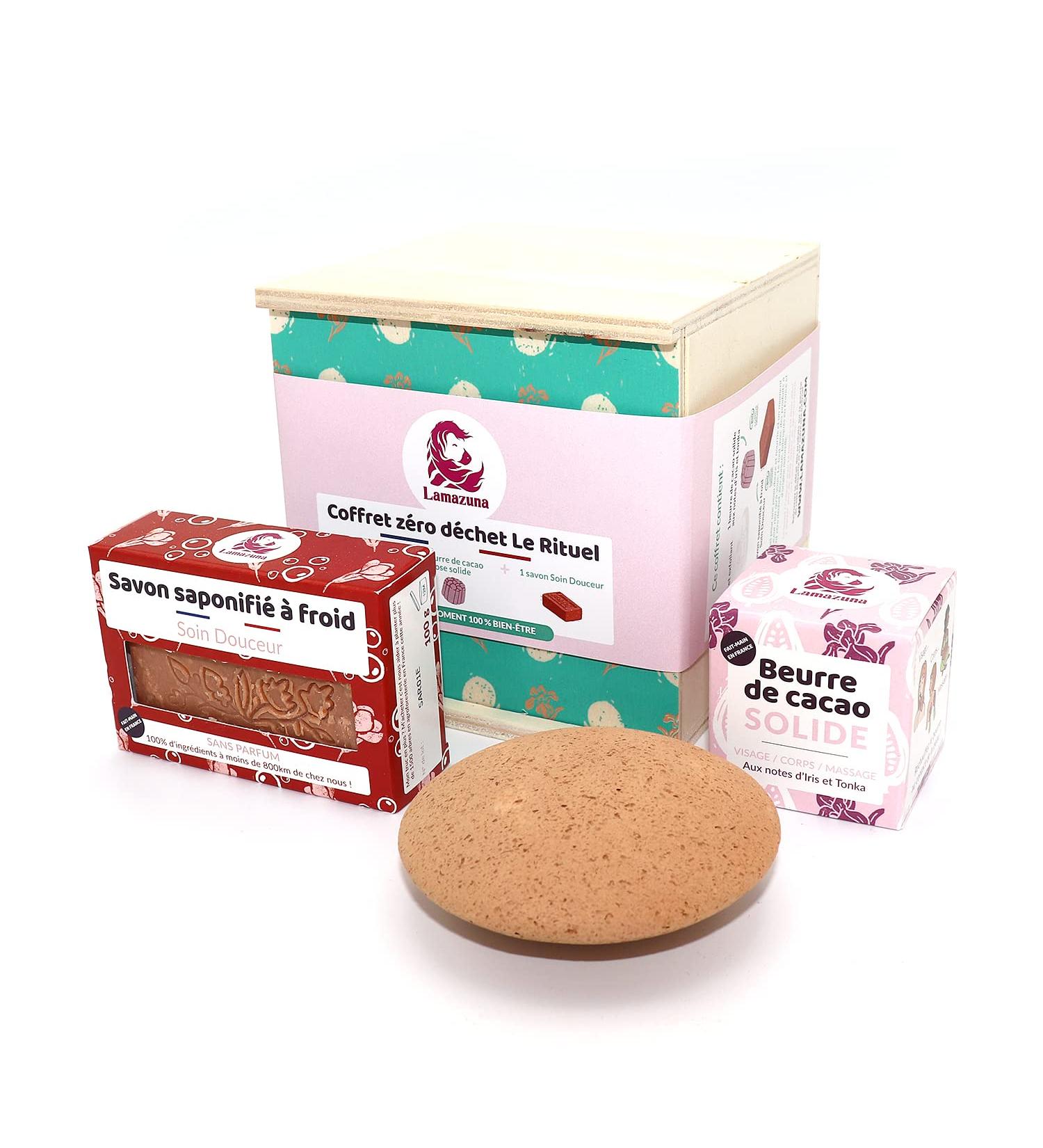 LAMAZUNA - Zero-Waste Box - The Ritual - Poplar wood box: Natural exfoliating pebble + Solid pink cocoa butter + Cold saponified soap Gentle Care - Buy Online on GoSupps.com