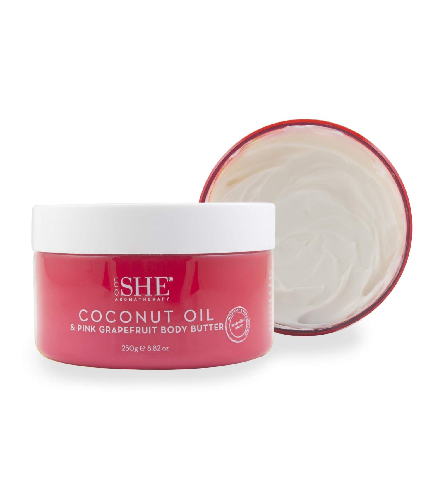 Om She Aromatherapy Coconut & Pink Grapefruit Body Butter - Nourishing skincare with coconut oil and refreshing pink grapefruit scent - Buy Online on GoSupps.com