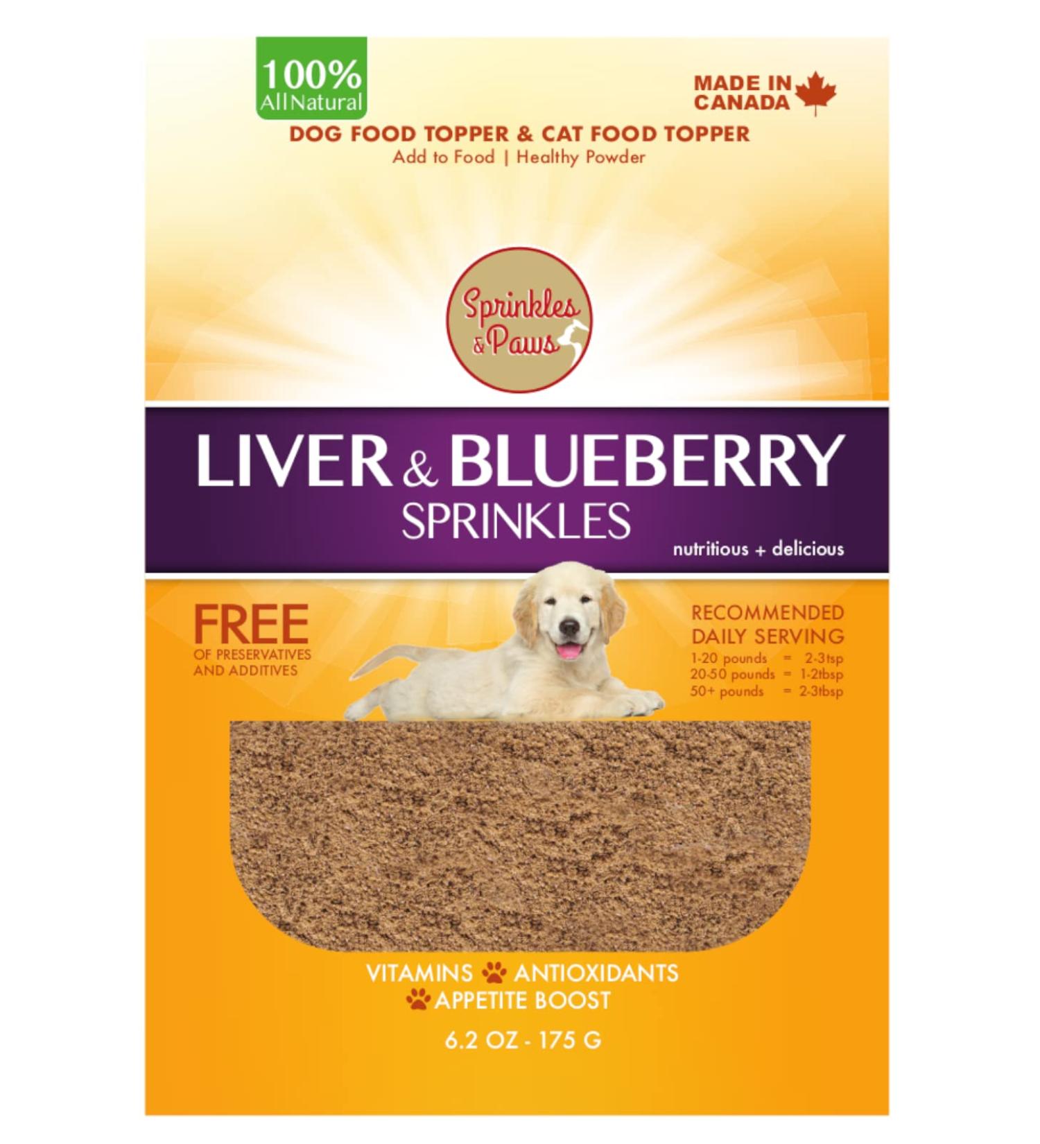 SPRINKLES & PAWS Liver & Blueberry Sprinkles with Apple Dog Food Topper | Made in Canada with Organic Fruit (Powder) | Makes Pet Food Delicious and Healthier | Human Grade - Buy Online on GoSupps.com