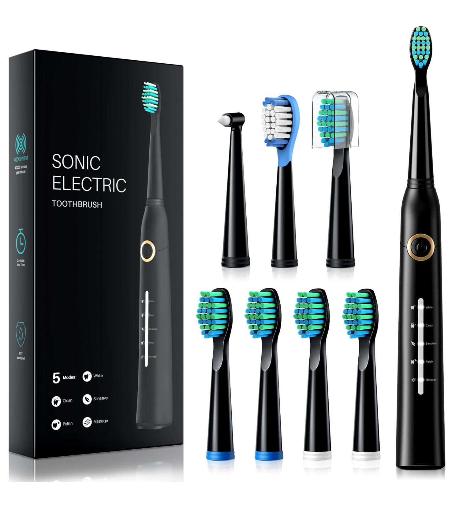 Electric Toothbrush for Adults with 8 Brush Heads | 40000 VPM Deep Clean | 5 Modes | Rechargeable & Fast Charging | Lasts 30 Days | Black - Buy Online on GoSupps.com