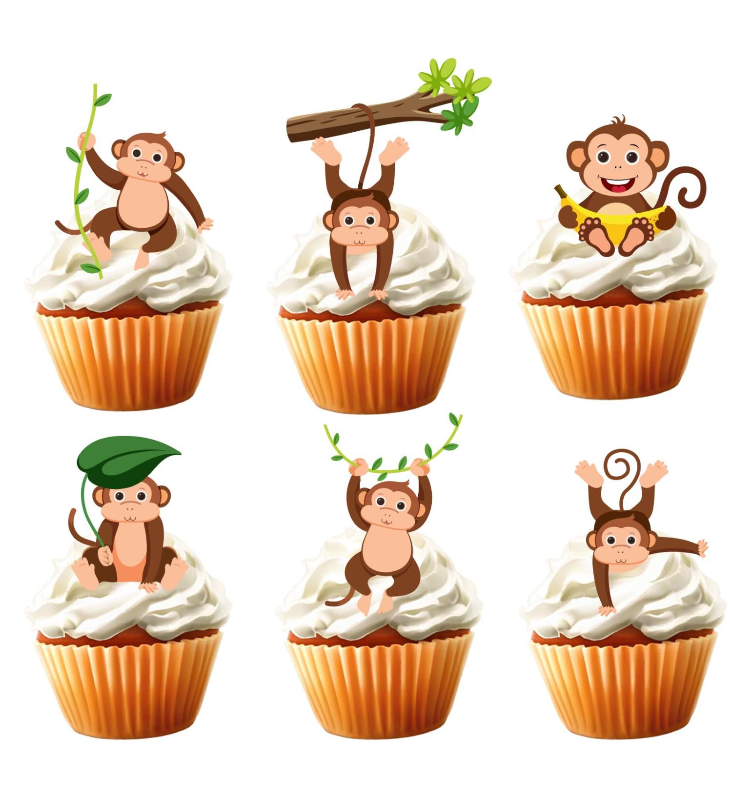 18pcs Cute Monkey Cupcake Toppers for Boys Girls Happy Birthday Banana Safari Jungle Animal Party Decorations Supplies Glitter Monkey Birthday Cake Decorations - Buy Online on GoSupps.com