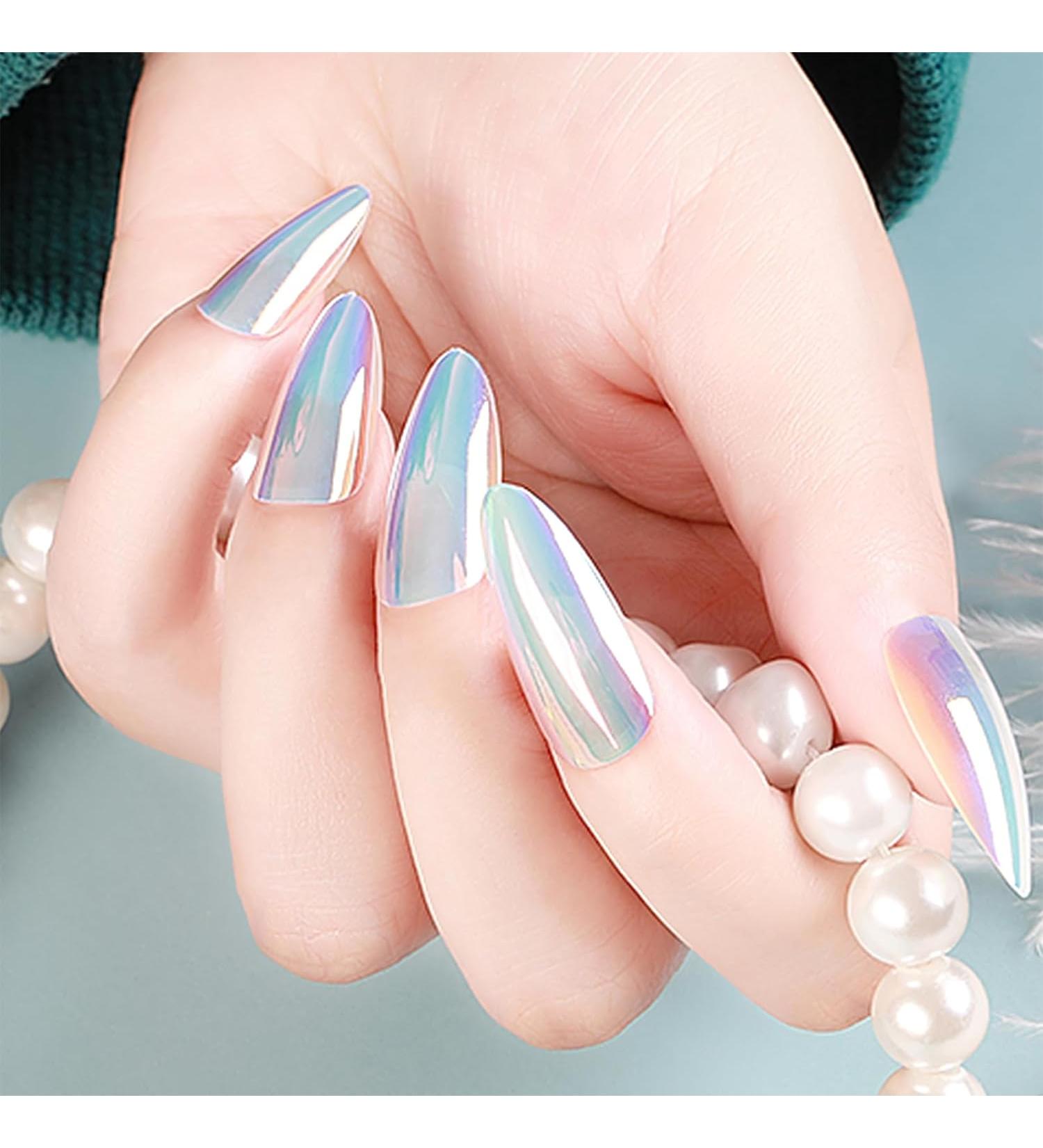 ZASKHLD 24pcs Chrome Press on Nails Holographic Light Fake Nails Almond Mirror Glue on Nails Luxury Metallic Chameleon False Nails Soft Reusable for Women Acrylic Coffin Nails Decor Nails Salon Medium Length - A8 - Buy Online on GoSupps.com