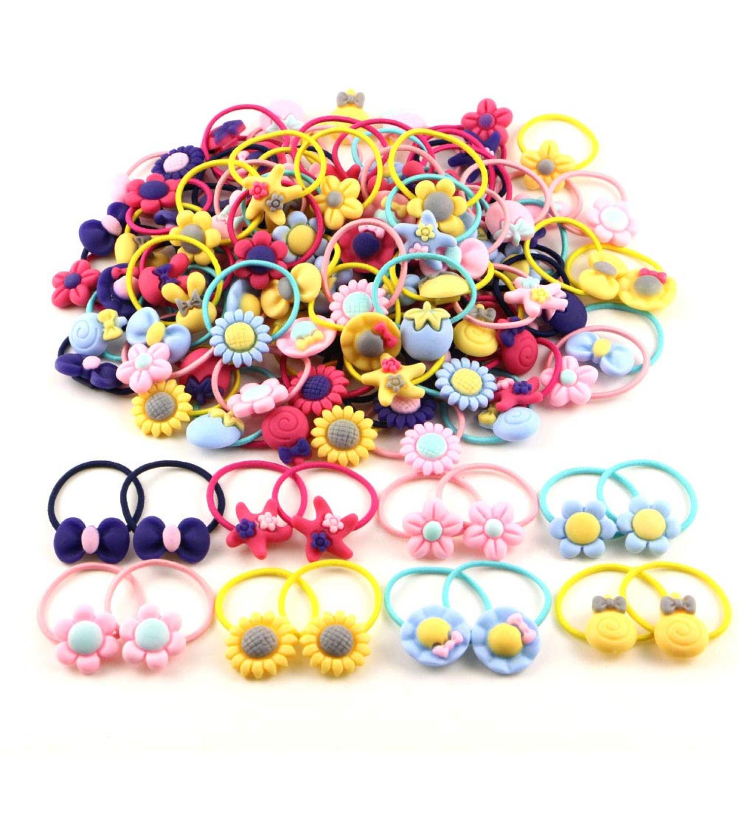 Mixed Color Cartoon Elastic Hair Bands - 100 Pieces (50 Pairs) for Girls, Babies, Toddlers, Kids, Teenagers - Hair Accessories and Ponytail Fixer - Buy Online on GoSupps.com