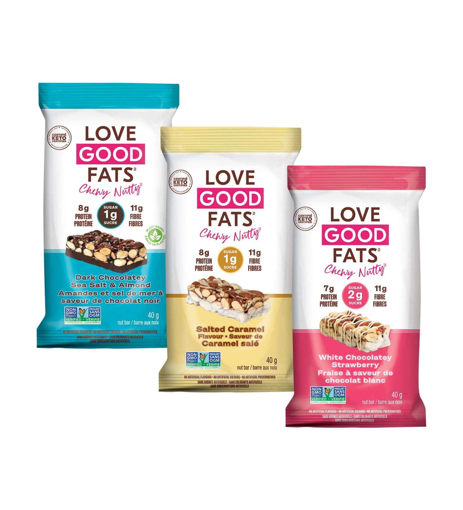 Love Good Fats Keto Protein Snack Bars - Chewy Nutty Variety Pack - 12-13g Good Fats 7-8g Protein 3-5g Net Carbs 1-2g Sugar Gluten-Free Non GMO - Dark Chocolate Sea Salt Almond Salted Caramel White Chocolate Strawberry - 3 Flavours 12 Pack