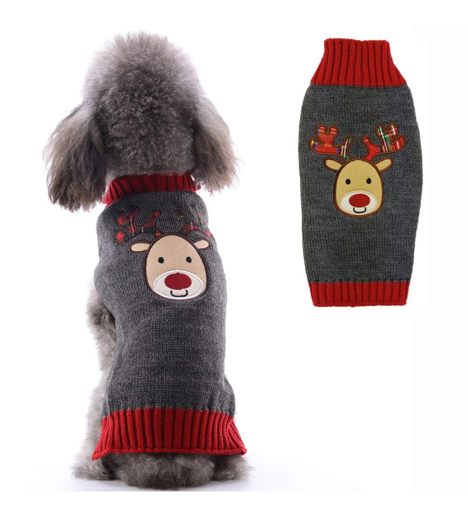 Christmas Dog Sweater - Warm Knit Turtleneck for Puppies | Gray Reindeer Pattern | Perfect Holiday Gift XXL - Buy Online on GoSupps.com