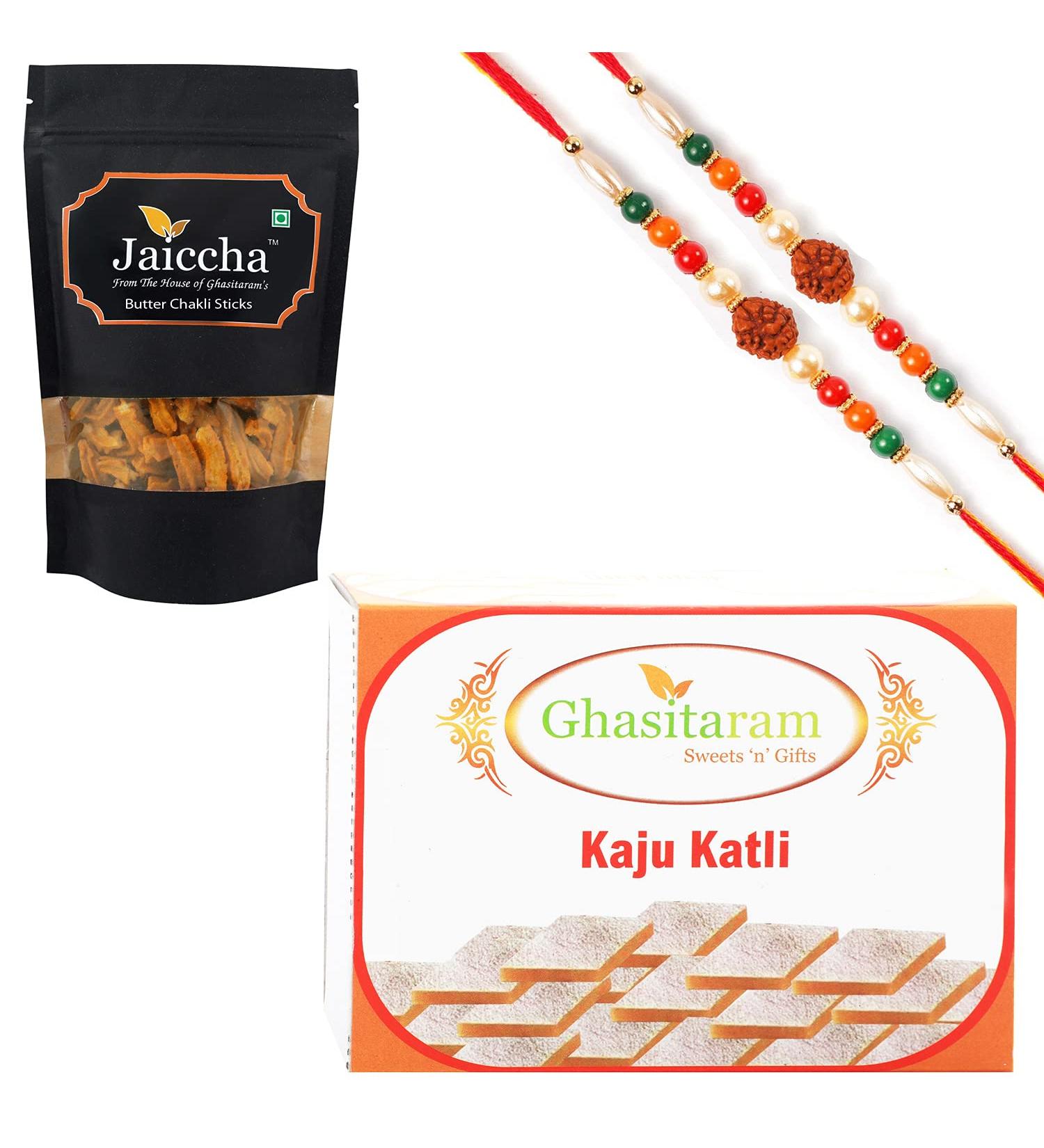 Ghasitaram Gifts Rakhi Gifts for Brothers Best of 2 Kaju Katli and Butter Chakli Sticks Pouch with 2 Rudraksh Rakhis - Buy Online on GoSupps.com