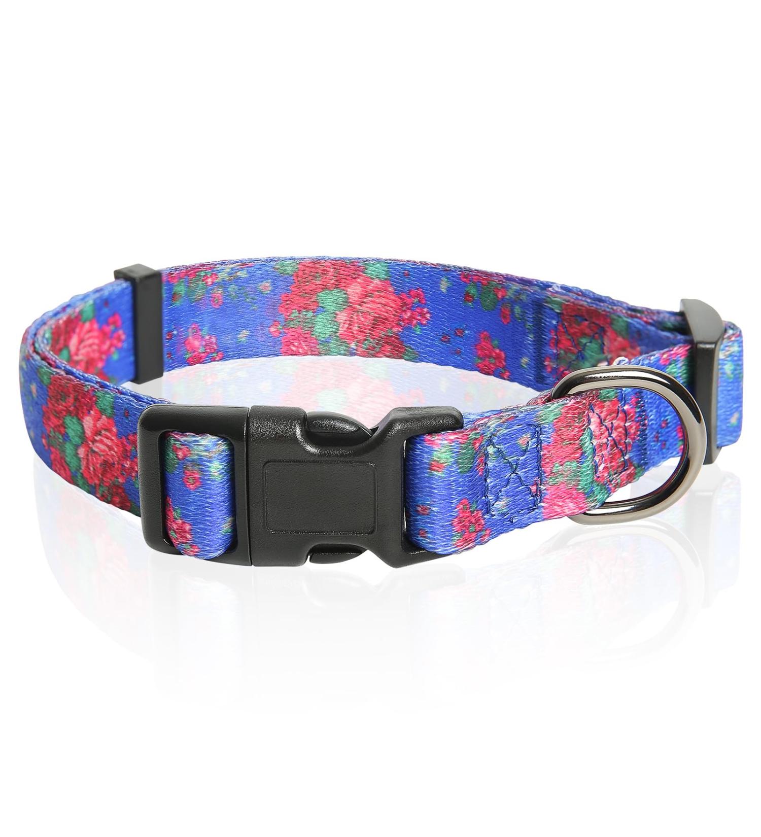 Heele Dog Collar - Adjustable Patterned Collar for Small Medium & Large Dogs | Comfortable & Robust | Blue Flowers Design (L: 40.5-65cm W: 2.5cm) - Buy Online on GoSupps.com