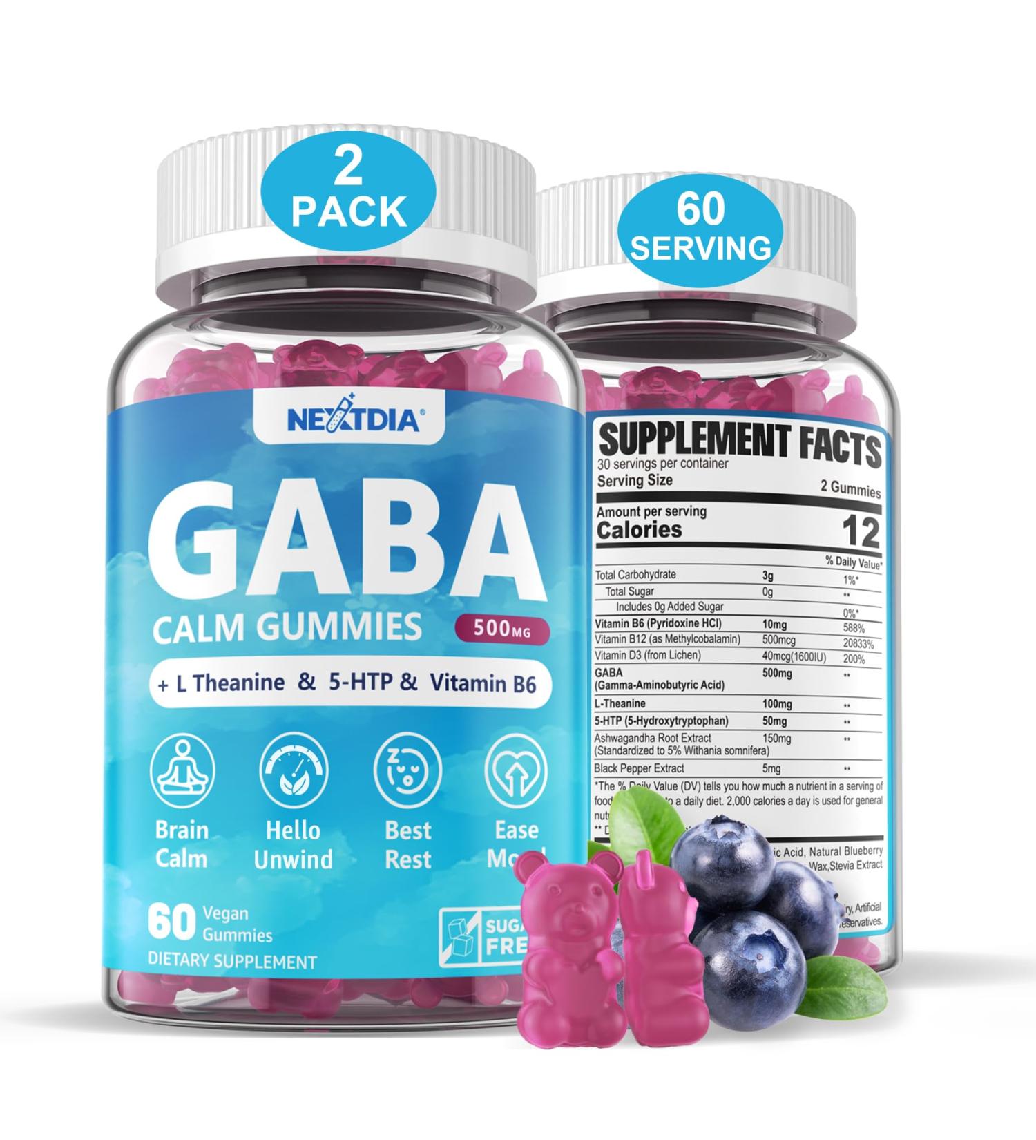 GABA Gummies 500 mg - Sugar-Free Calm Gummies with L Theanine, 5-HTP, Vitamins D3, B12, Ashwagandha, Melatonin-Free for Brain Calm, Mood, Zzz Better, GABA Supplement for Adult, Blueberry Flavor, Vegan 60 Count (Pack of 2) - Buy Online on GoSupps.com