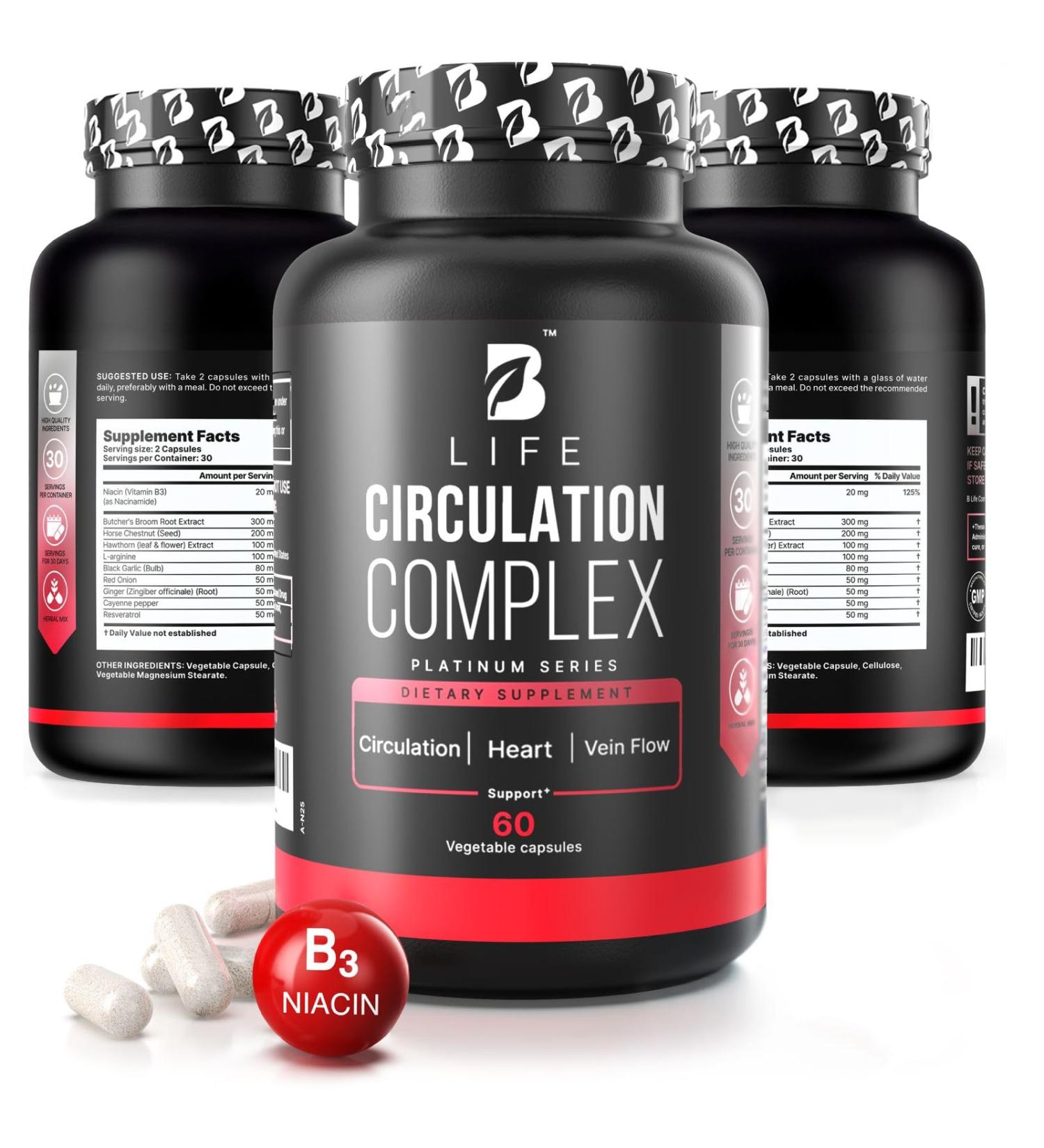 Circulation Support Supplement for Vein & Artery Health | Vascular Support with L-Arginine Horse Chestnut & Butcher s Broom | Promotes Healthy Leg Circulation & Vein Function | 60 Capsules 60 Count (Pack of 1) - Buy Online on GoSupps.com