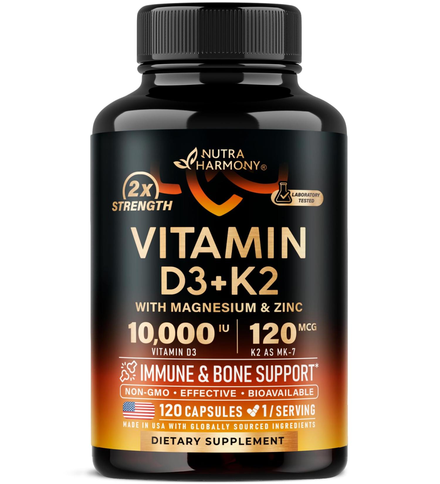 Vitamin D3 K2 - Vitamin D3 10000 iu & K2 as MK-7 120 mcg - Immune & Mood Support for Bone & Teeth Health - with Magnesium Zinc & Vitamin C & B12 - Highly Bioavailable - Made in USA 120 Capsules 120 Count (Pack of 1) - Buy Online on GoSupps.com