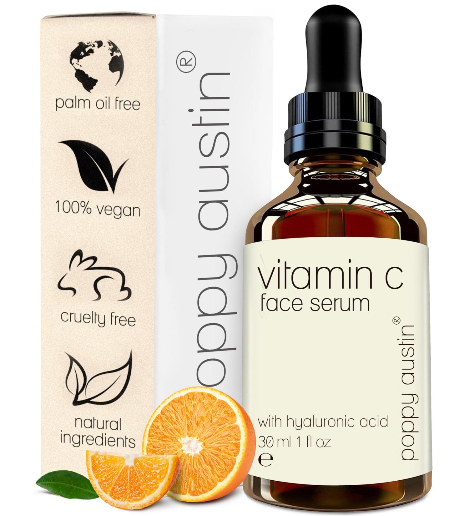 Poppy Austin Vitamin C Face Serum with Hyaluronic Acid - Brightening & Hydrating Anti-Aging Formula (1 Oz - Buy Online on GoSupps.com