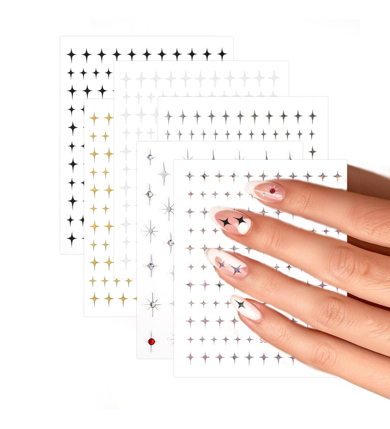Dimeho Star Nail Art Stickers 3D Glitter Star Stickers & Decals for Nail Art Gold Silver White Black Stars Nail Design Stickers Acrylic Nail Charms DIY Nail Tips Manicure Decoration Supplies 6 Sheets - Buy Online on GoSupps.com