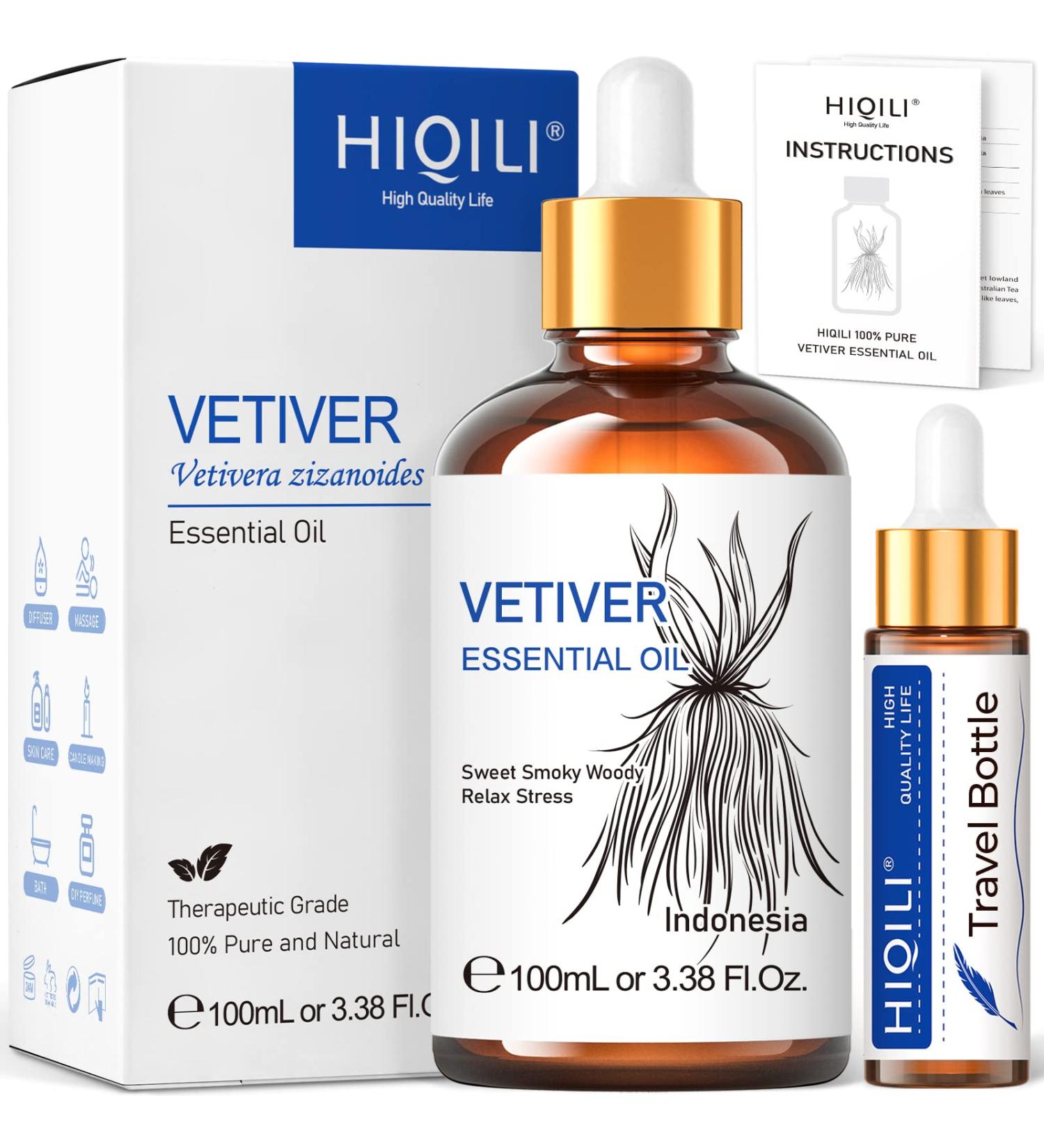 Hiqili 100ml Vetiver Essential Oil - 100% Pure Natural Aromatherapy Oil for Diffuser Skin and Relaxation - Buy Online on GoSupps.com