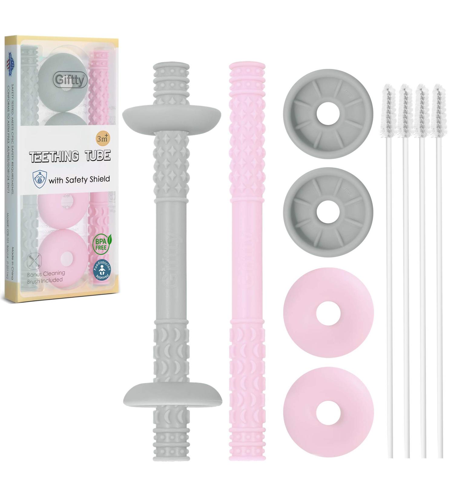 Teething Tube with Choke-Proof Safety Shield | Baby Hollow Teether Toys | Food-Grade Silicone | 3-12 Months | Boys & Girls | Includes 1 Pair & 4 Cleaning Brushes | Star & Moon Design | Pink & Grey - Buy Online on GoSupps.com