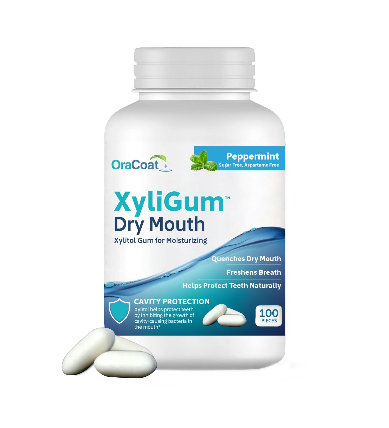 OraCoat XyliGum Dry Mouth Chewing Gum - Sugar Free Peppermint with Xylitol for Oral Health 100-Piece Bottle - International Shipping - Buy Online on GoSupps.com