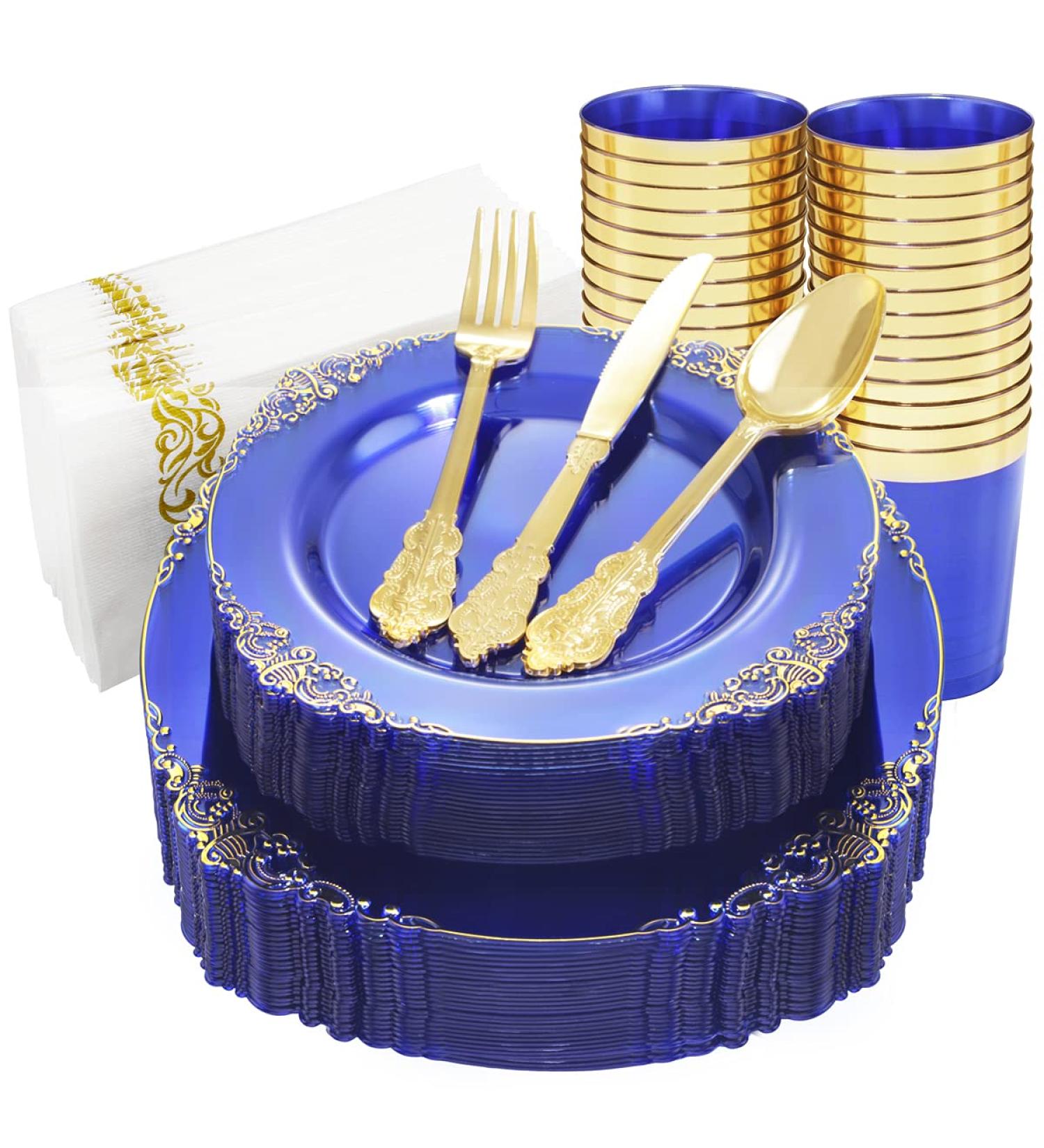 Nervure 175PCS Clear Blue Plastic Plates with Gold Trim - Ideal for Weddings & Parties - Buy Online on GoSupps.com