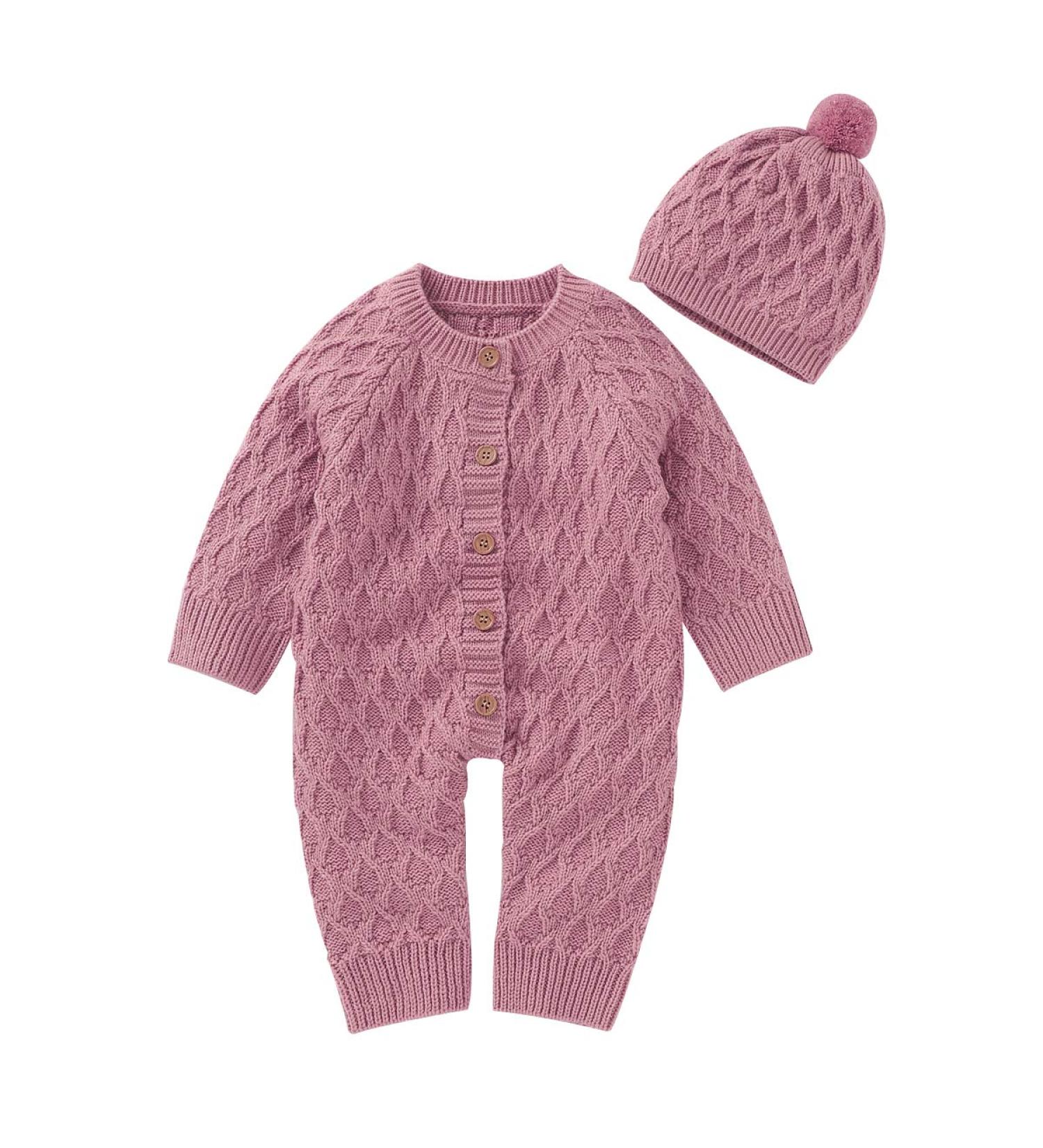 DovFanny Baby Romper Suit | Knit Long Sleeve Jumpsuit with Hat | 6-12 Months | Pink - Buy Online on GoSupps.com