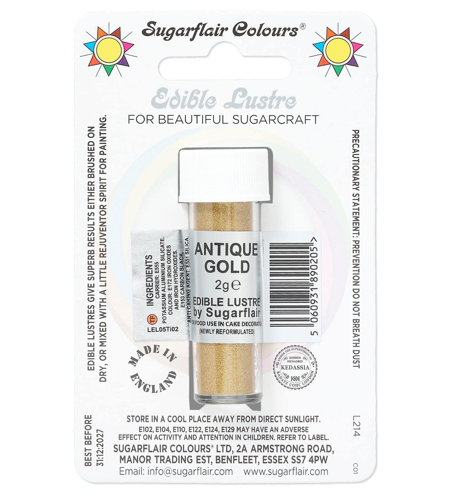 Sugarflair Antique Gold Edible Lustre Dust (E171 Free) Add a Lustrous Shine to Cakes or Decorations. Brush On or Add Rejuvenator to Create Eye-Catching Edible Paint- 2g