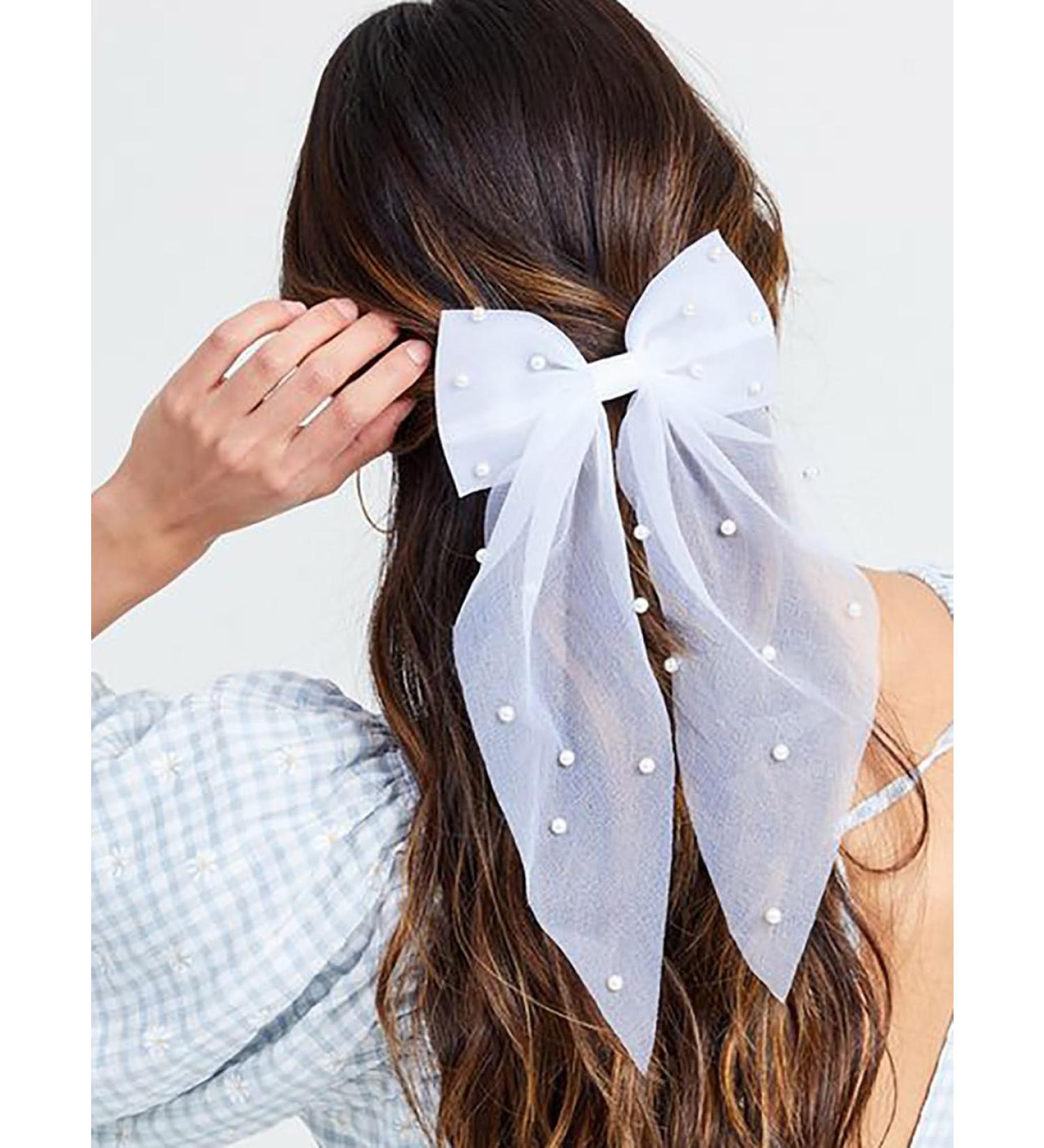 Vakkery Bridal Hair Bow Veil White Tulle Bow Hair Clip with Pearl Wedding Bachelorette Party Decoration Hair Accessories for Women - Buy Online on GoSupps.com