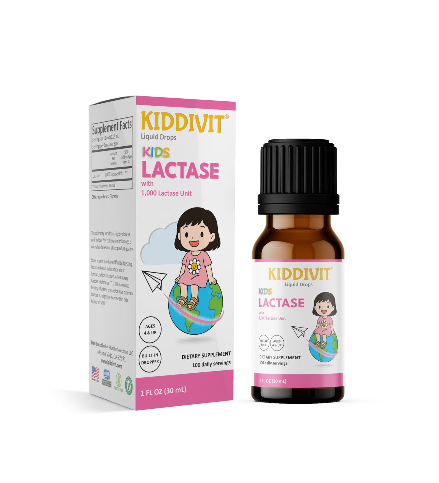 Kiddivit Lactase Kids Drops 1000 Units 50 Daily Servings 1 FL OZ (30 mL) Lactose Digestion & Colic Relief Sugar Free Gluten Free Vegetarian Friendly - Buy Online on GoSupps.com