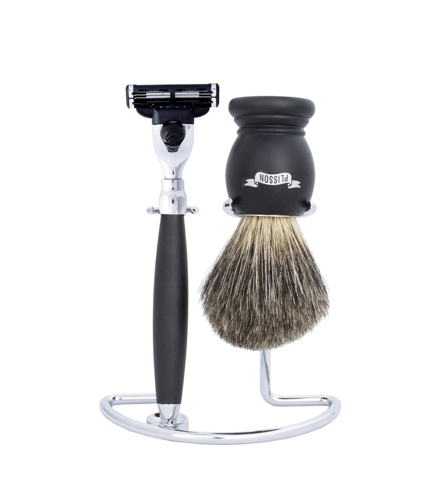PLISSON Beech Wood 3-Piece Shaving Set | High-Quality Badger Hair Brush & 3-Blade Razor | Wet Shaving Essentials | Made in France - Buy Online on GoSupps.com