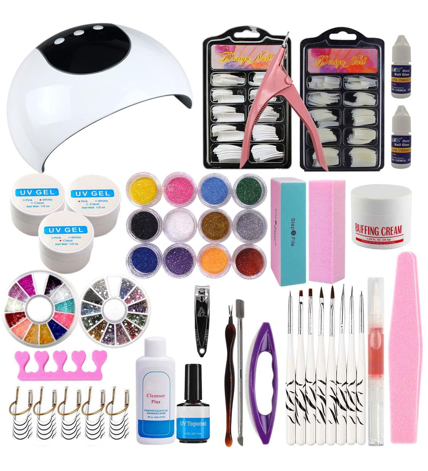 Warm Girl Builder Nail Gel For Nails Kit 36W UV/LED Nail Lamp 3 Colors UV Nail Gel 12Pcs Glitter Powders Top Coat Nail Brush Nail Tips Nail Art Set 267 - Buy Online on GoSupps.com