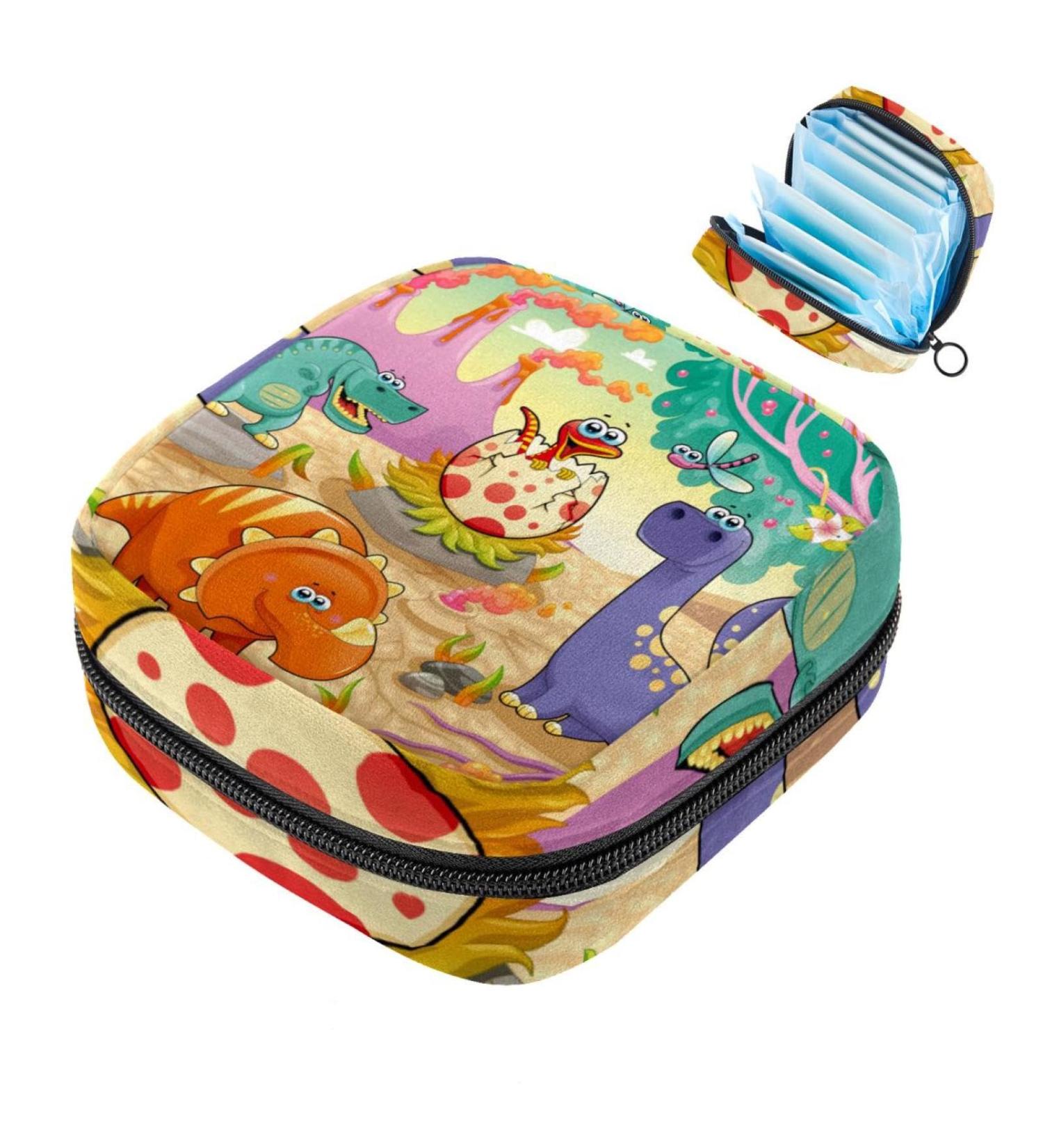 Javenproeqt Portable Women's Binding Bags | Menstrual Cup Pocket & Pads for Teens | Colorful Dinosaur Cartoon Design - Buy Online on GoSupps.com