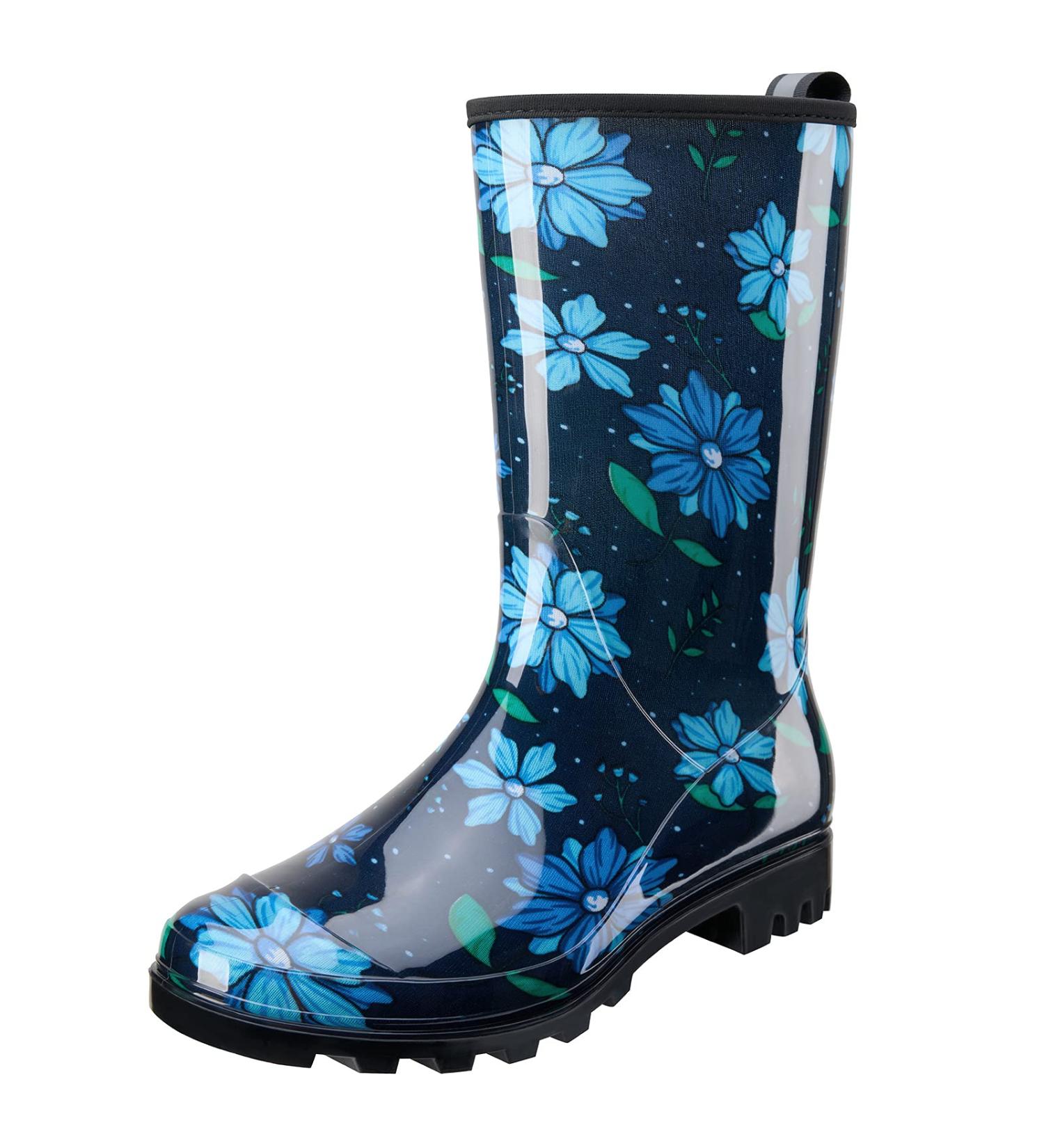 HISEA Women's Mid Calf Rain Boots - Waterproof Rubber Garden Shoes | Comfort Insole, Blue Flower Design - Buy Online on GoSupps.com