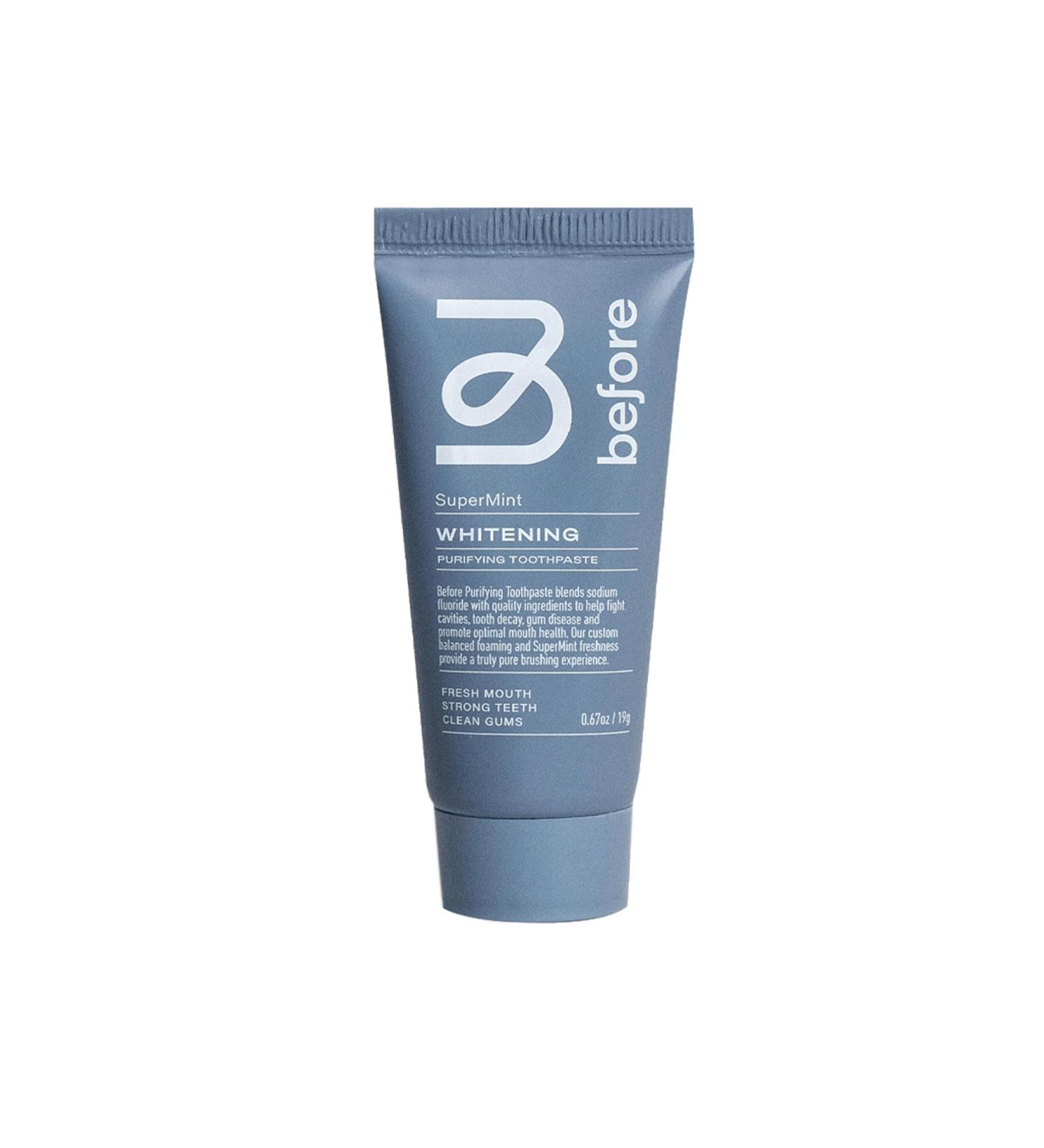 Before | Whitening Travel Size Toothpaste | Anti-Cavity Reduces Plaque for Mouth Health Balanced Foaming Low Abrasion Long Lasting Minty Flavor Plant-Based Tube Made in The USA 0.67oz - Buy Online on GoSupps.com