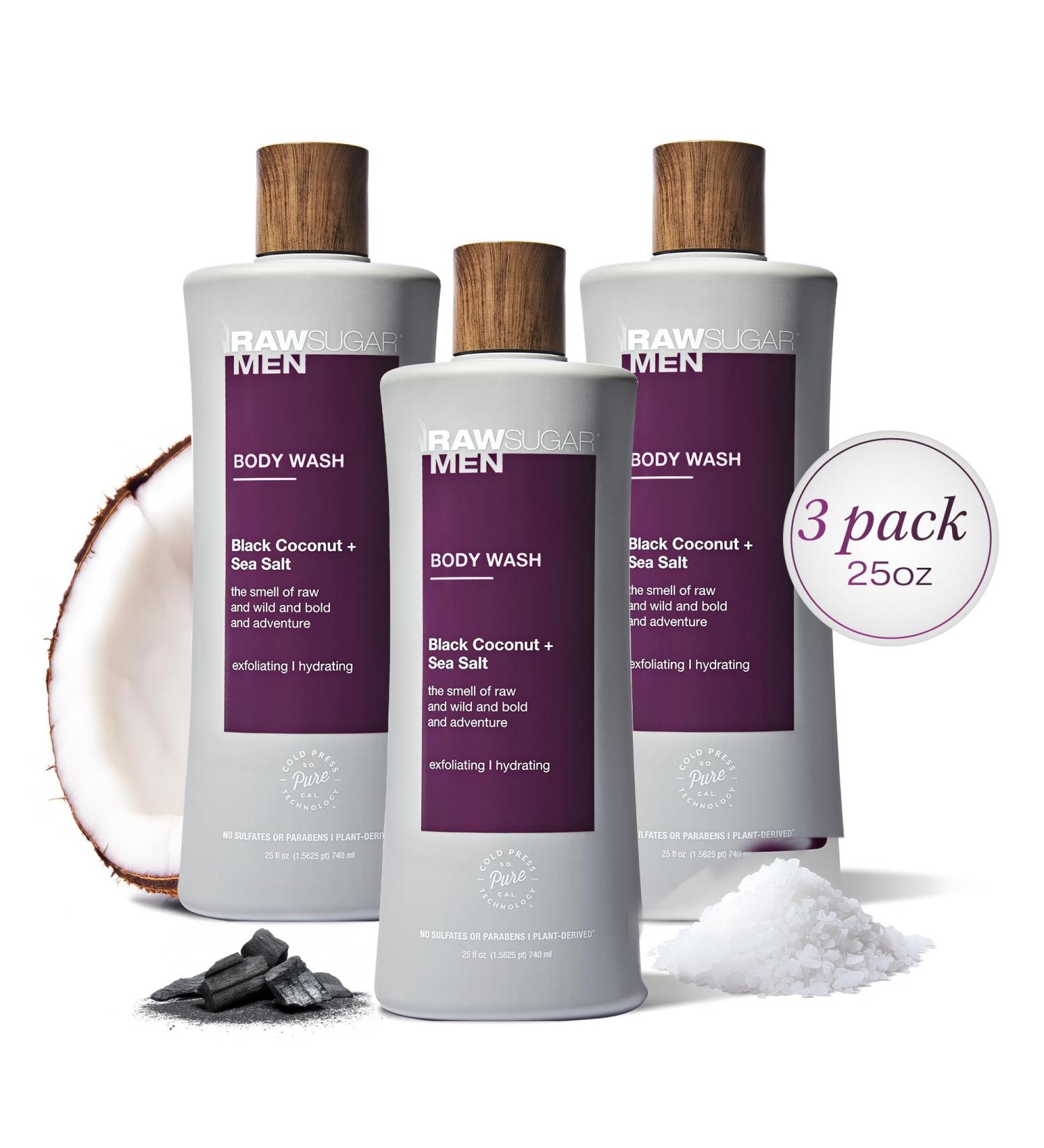 RAW SUGAR 3-Pack Body Wash Men - Black Coconut + Sea Salt Exfoliating and Hydrating Body Wash Formulated without Parabens Cruelty Free and Vegan - Buy Online on GoSupps.com
