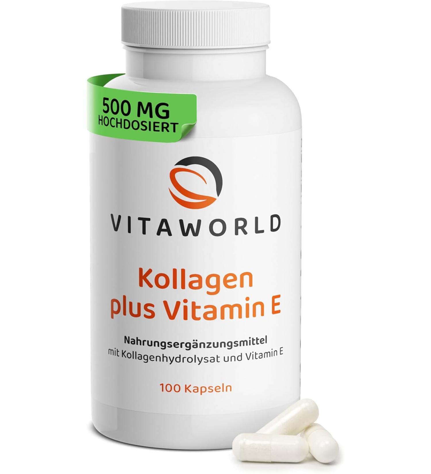Buy Vitaworld Collagen 500mg + Vitamin E 24mg - 100 Capsules of Pure Bovine Collagen for Healthy Skin & Joints | International Shipping Available - Buy Online on GoSupps.com