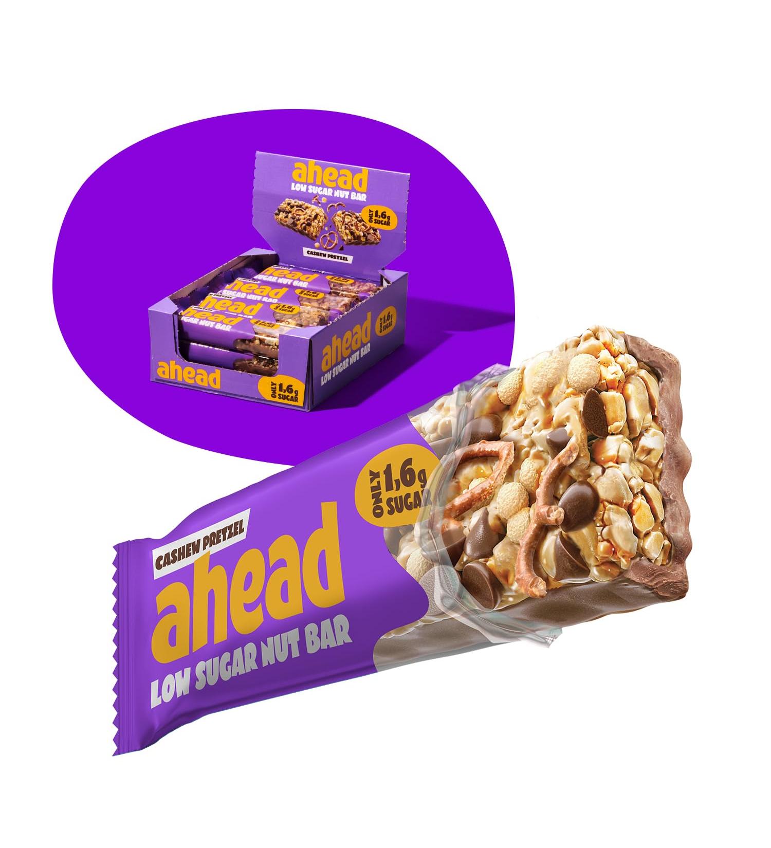 AHEAD Cereal Nut Bars 70% less Sugar* | Chocolate coated Keto Bars 0g added sugar - 12x35g - With Cashew Pretzel & Dark Chocolate - Gluten Free Keto Snacks for Diabetics Cashew Pretzel 12 count (Pack of 1) - Buy Online on GoSupps.com