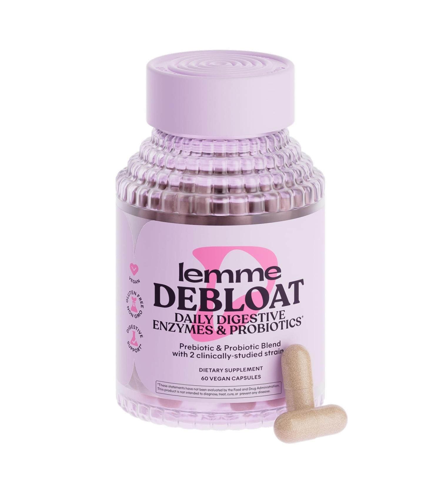 Lemme Debloat 3-in-1 Prebiotic Probiotic & Digestive Enzyme Capsules for Bloating & Gas Relief - 2 Clinically Studied Probiotics w/5 Digestive Enzymes to Improve Digestion Women & Men (60 Count) - Buy Online on GoSupps.com