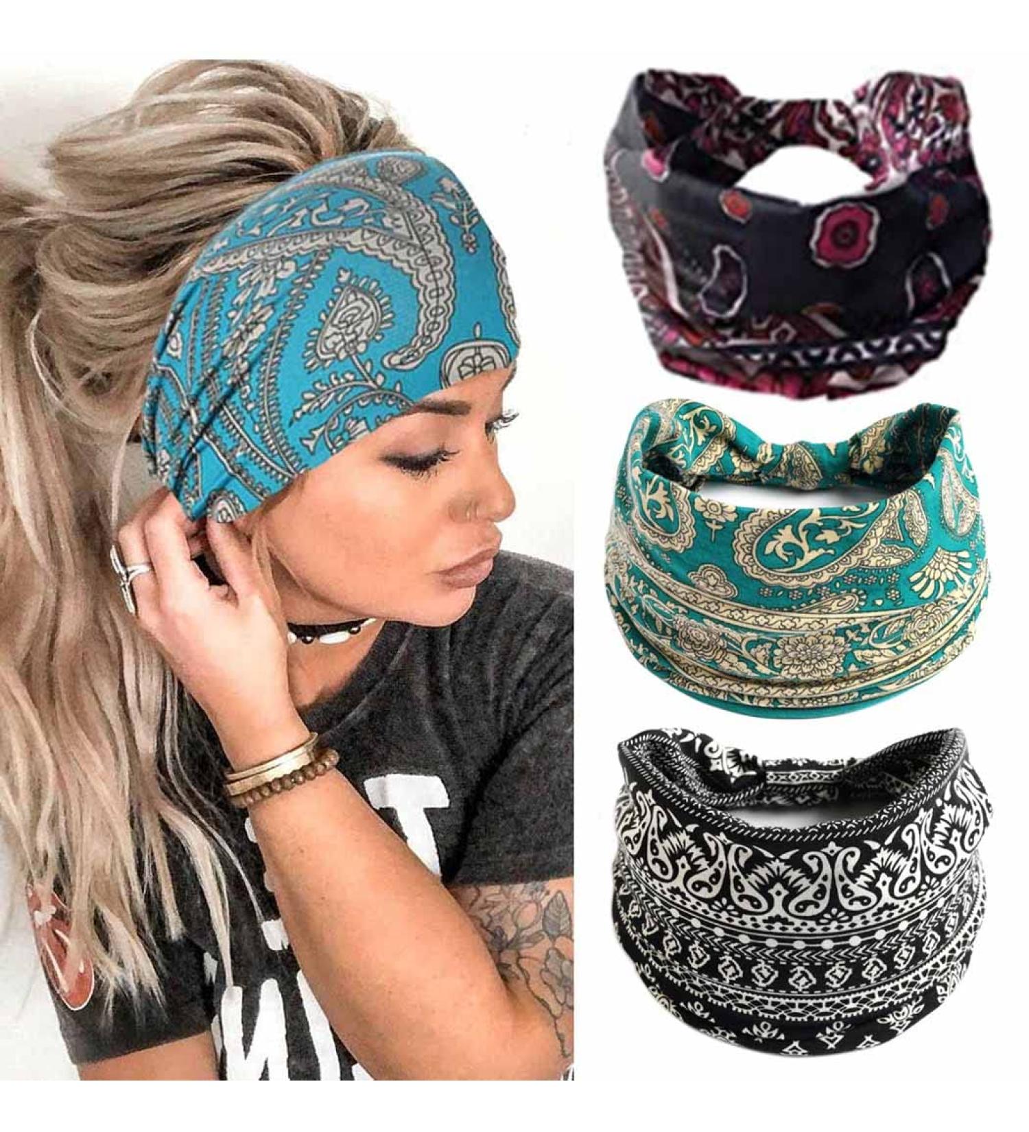 Shop Zoestar Boho Width Terraps - Stylish Black Yoga Headscarves & Vintage-Printed Hair Bands (3 Pieces) for Women & Girls - Buy Online on GoSupps.com