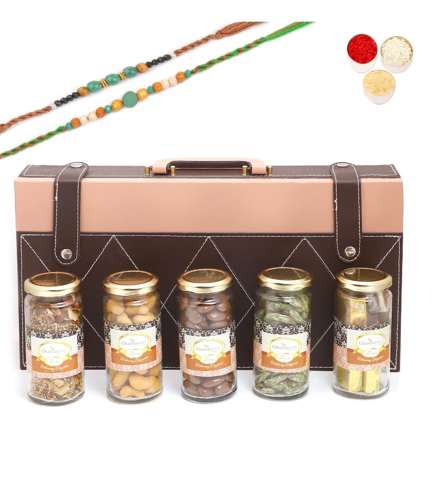 Ghasitaram Gifts Rakhi Gifts for Brothers Signature Wooden Box Wooden with 5 Assortments with 2 Green Beads Rakhis Box with 5 Assortments with 2 Rakhis - Buy Online on GoSupps.com