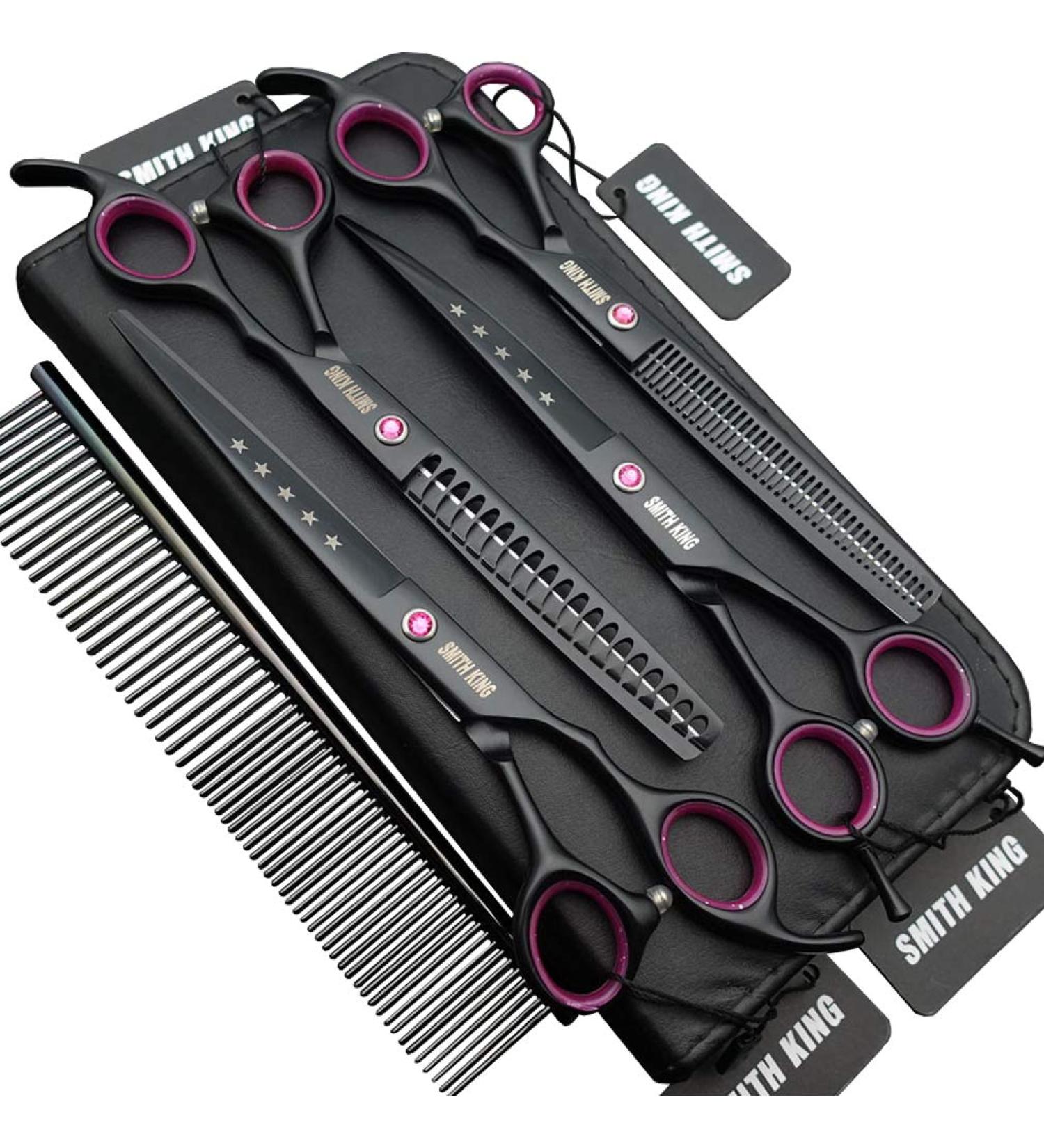 7.0-inch Professional Dog Grooming Scissors Set - Straight, Thinning, Curved, Chunkers - 4pcs with Comb - Right-Handed - Buy Online on GoSupps.com