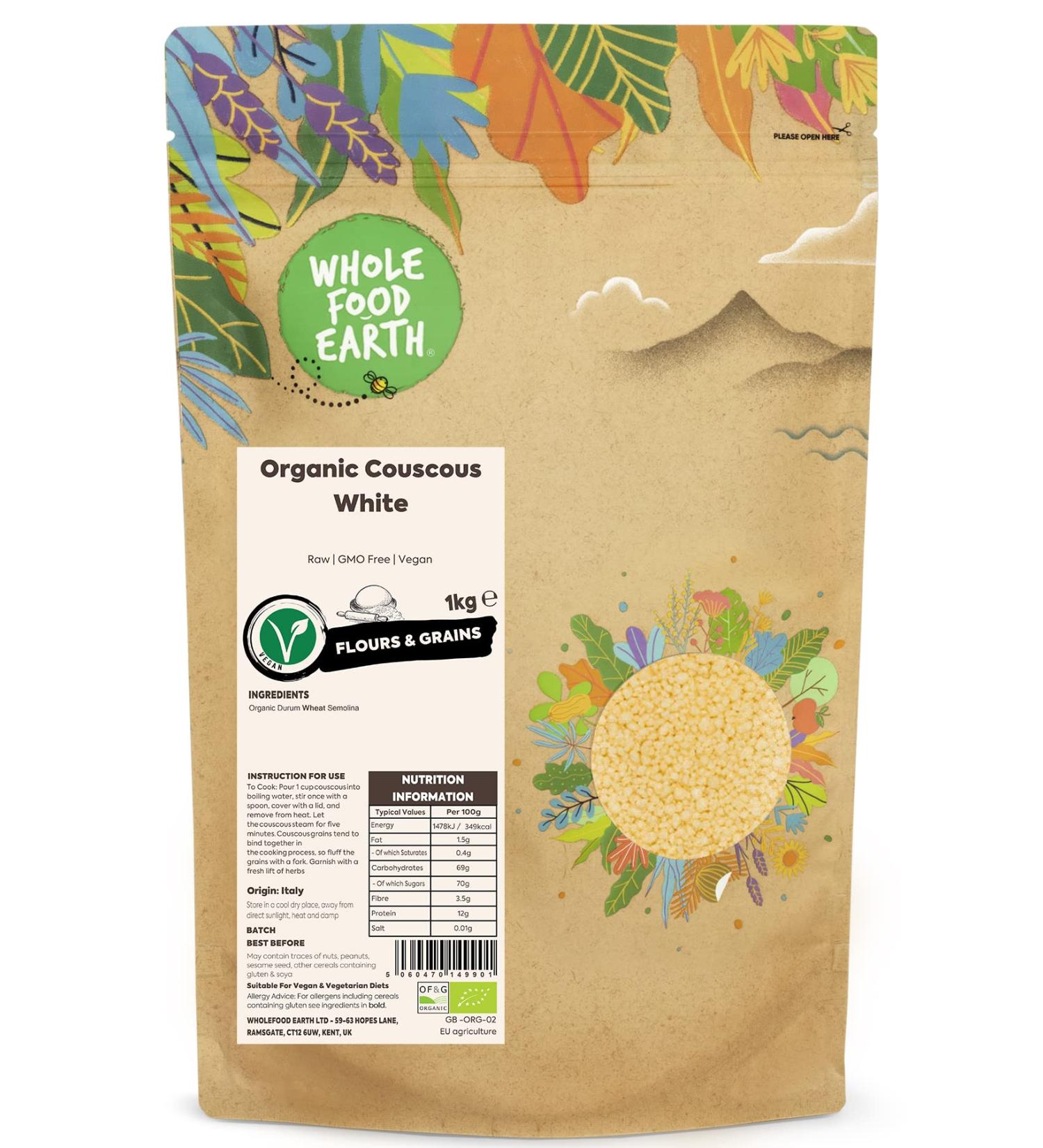 Wholefood Earth Organic White Couscous 1kg - Raw, GMO Free, Vegan | Certified Organic - Buy Online on GoSupps.com