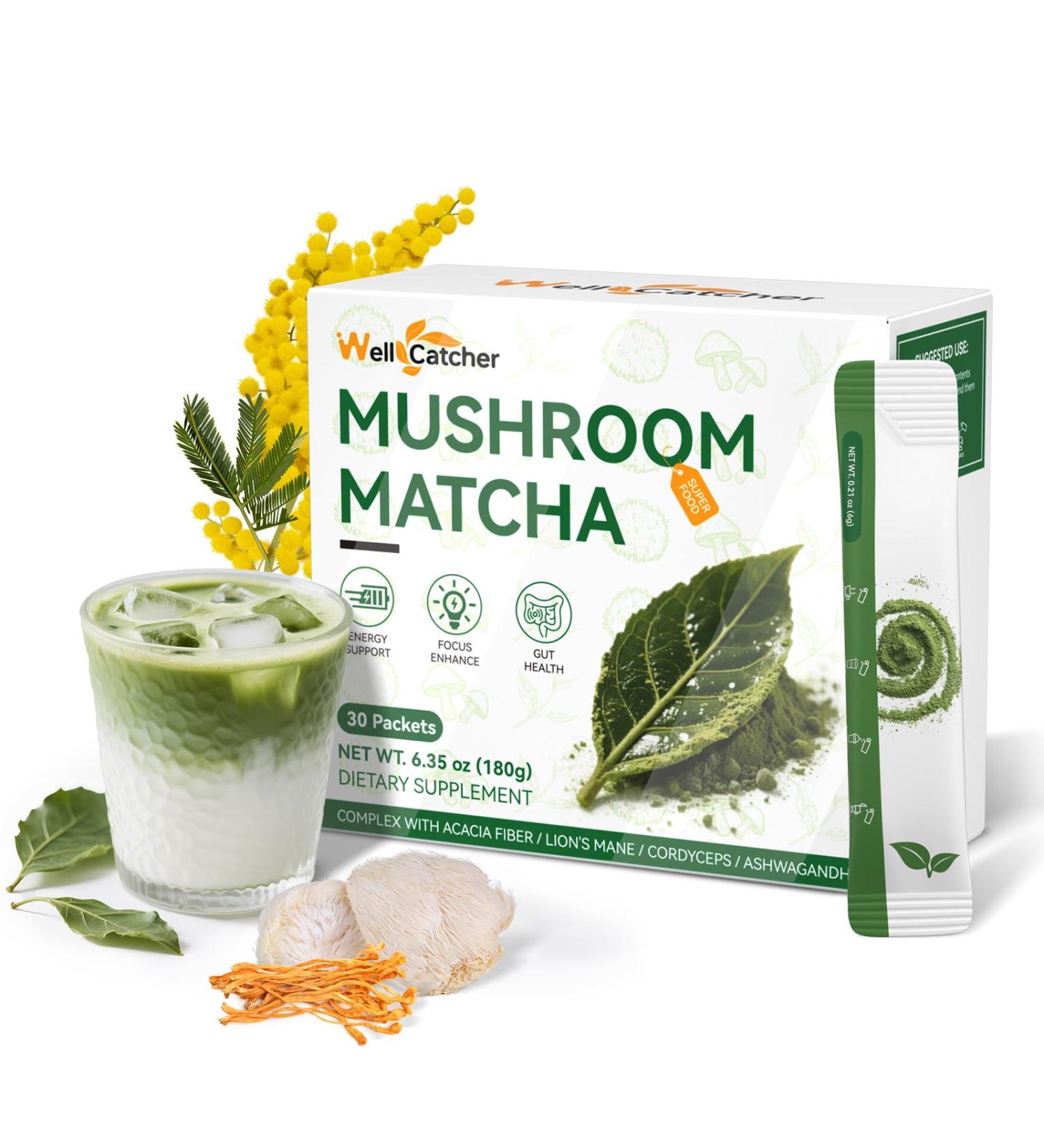 Mushroom Matcha Powder: Organic Ceremonial Grade Matcha Powder for Energy Focus Digestion Immunity Metabolic Support with Lion's Mane Cordyceps Mushroom Acacia Fiber Sugar Free Vegan Keto 30 servings - Buy Online on GoSupps.com