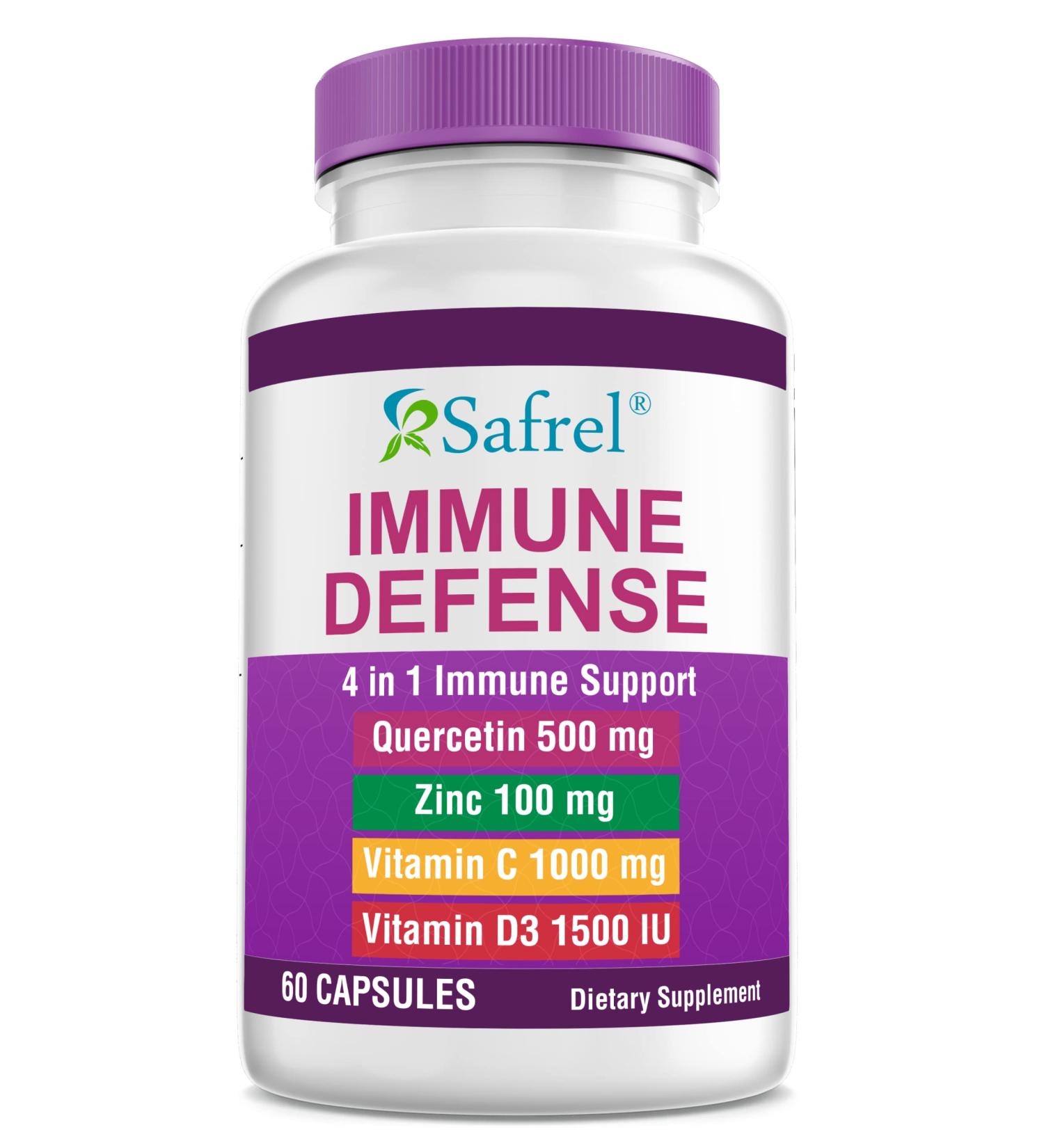 Safrel Strong Immune Support: Quercetin 500mg, Zinc Picolinate 100mg, Vitamin C 1000mg, D3 1000IU - 60 Capsules | Made in USA | Vegan - Buy Online on GoSupps.com