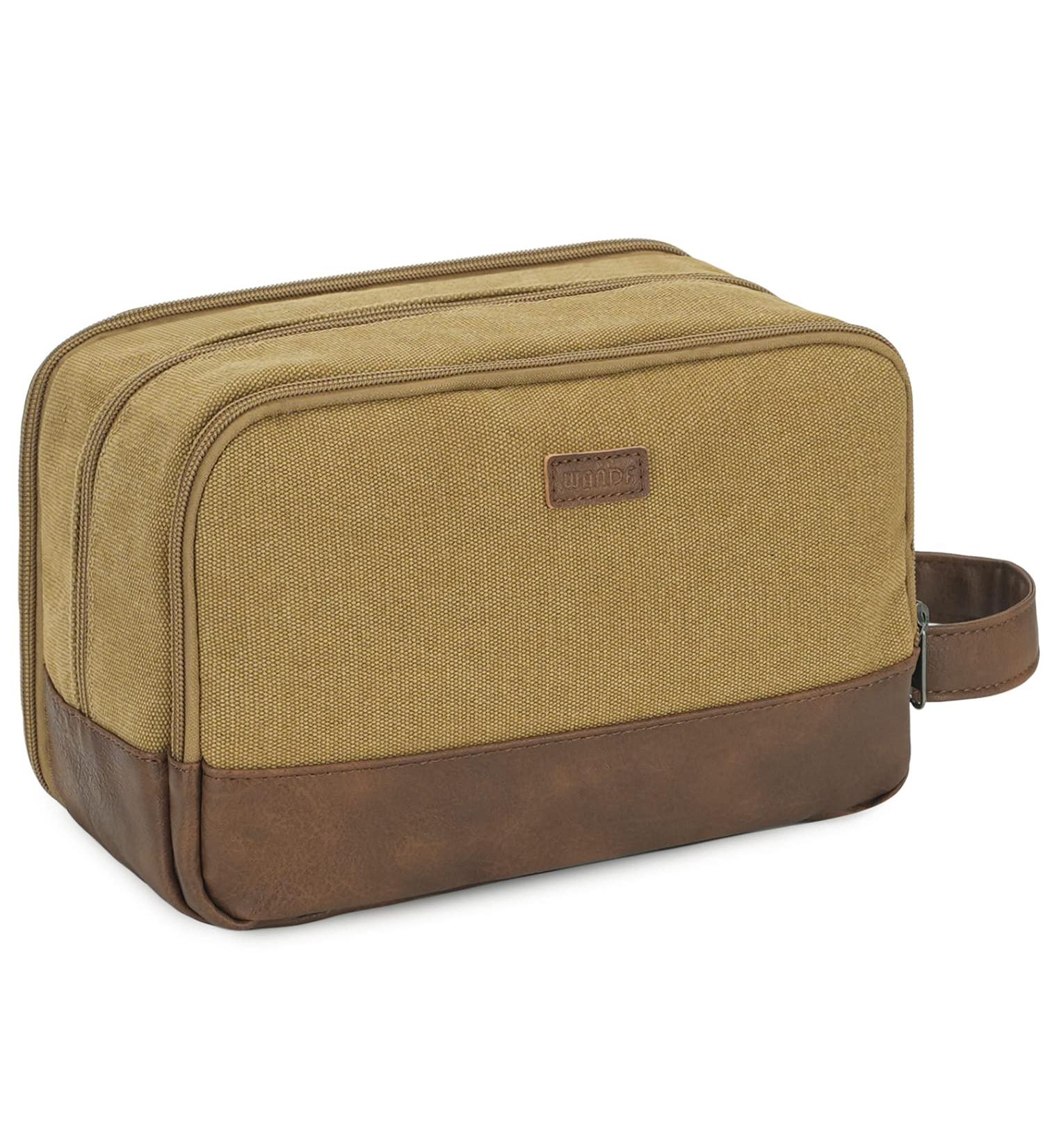 WANDF Travel Toiletry Bag for Men Hanging Dopp Kit Canvas Toiletry Organizer Water-Resistant Vegan Leather Shaving Bag for Toiletries Accessories (Khaki) Brown - Buy Online on GoSupps.com