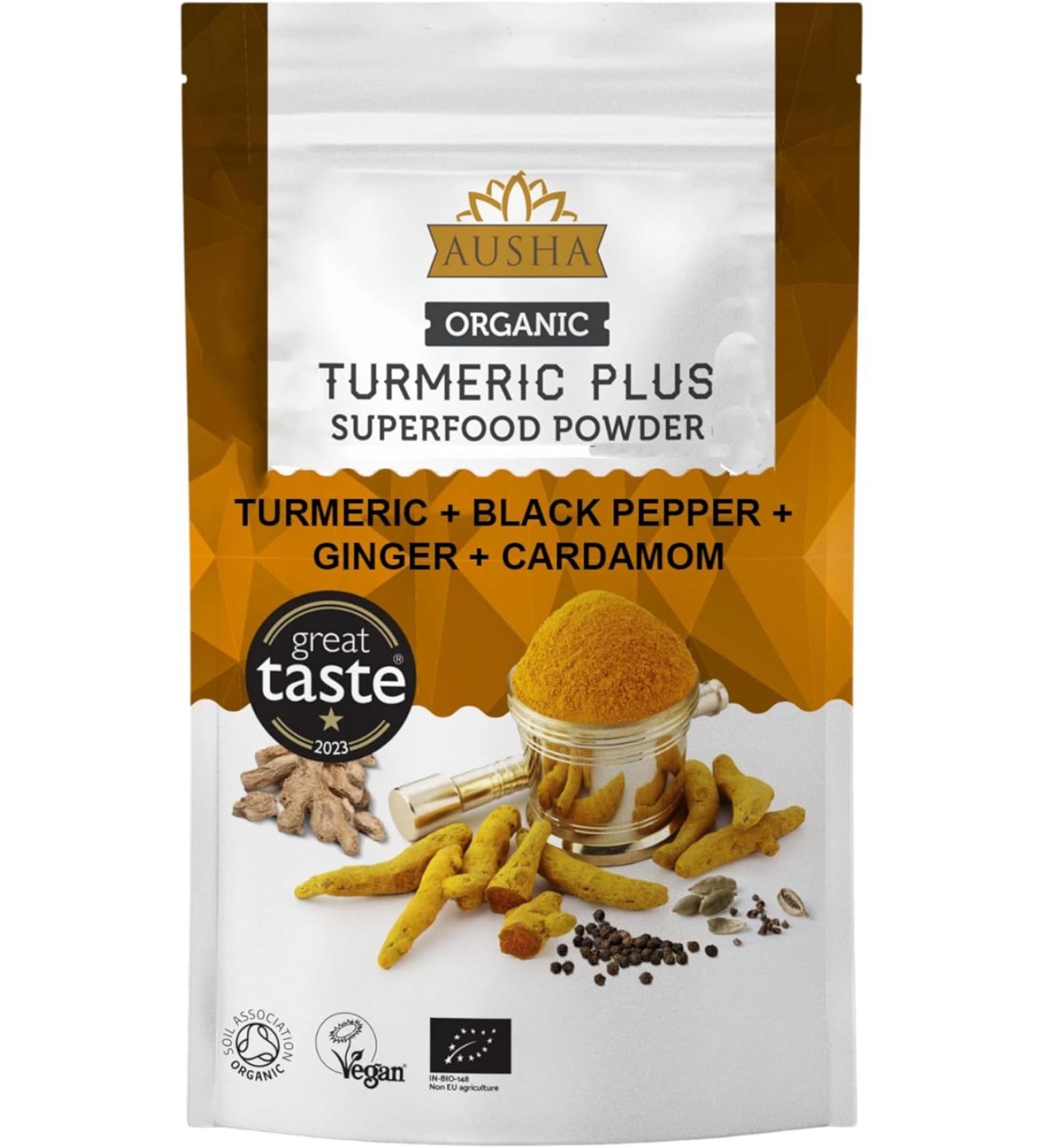 Ausha Turmeric Powder with Black Pepper, Ginger & Cardamom 250g | High Strength for Cooking & Joint Pain Relief - Buy Online on GoSupps.com