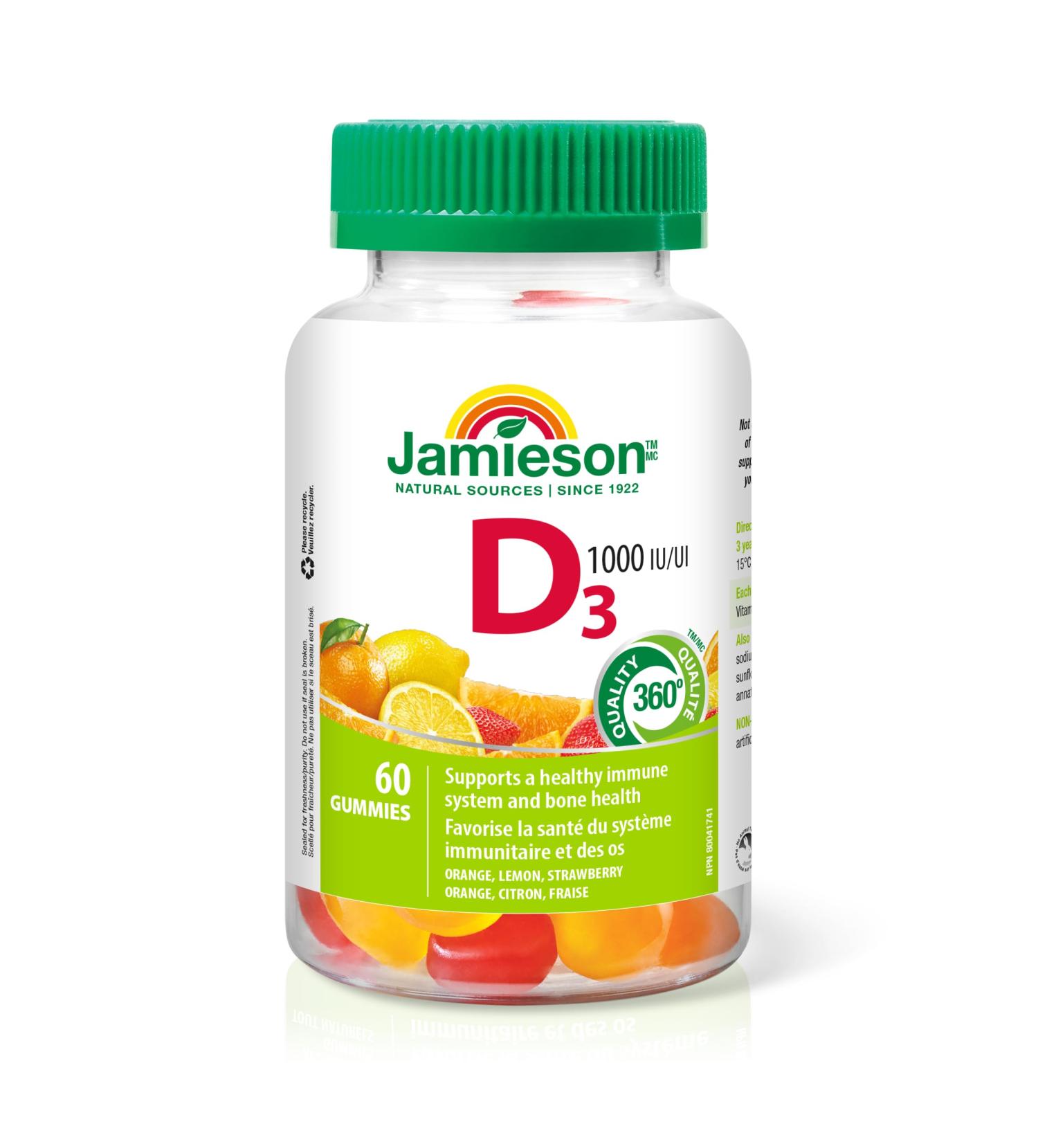 Jamieson Vitamin D3 1 000 IU Gummies - Orange Strawberry Lemon Flavour 60 Gummies 60 count (Pack of 1) - Buy Online on GoSupps.com