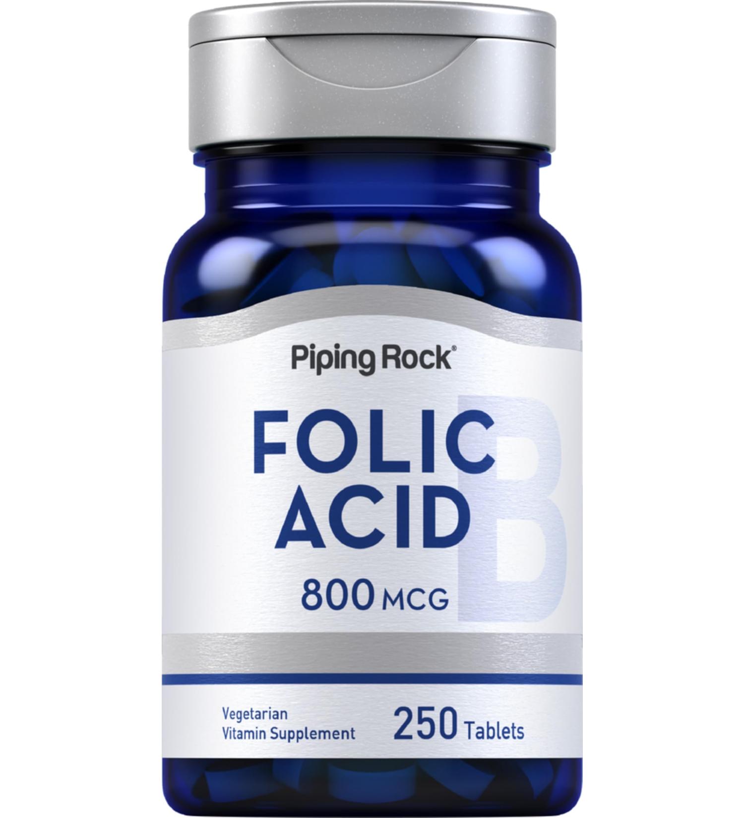 Piping Rock Folic Acid 800 mcg | 250 Tablet Capsules | Supplement for Men and Women | Vegetarian Non-GMO Gluten Free - Buy Online on GoSupps.com