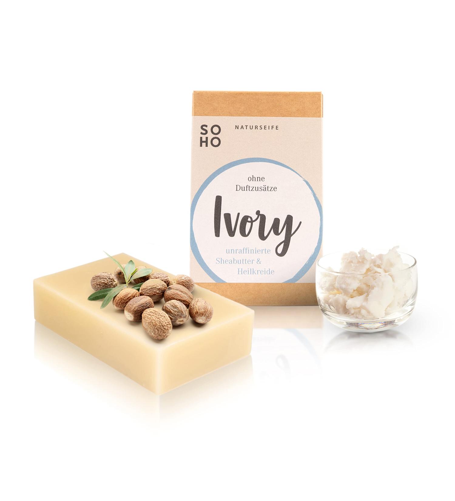 SOHO Naturkosmetik "Ivory" Facial Soap for Sensitive Skin Vegan Facial Cleansing with Shea Butter and Healing Chalk Solid Soap - Buy Online on GoSupps.com