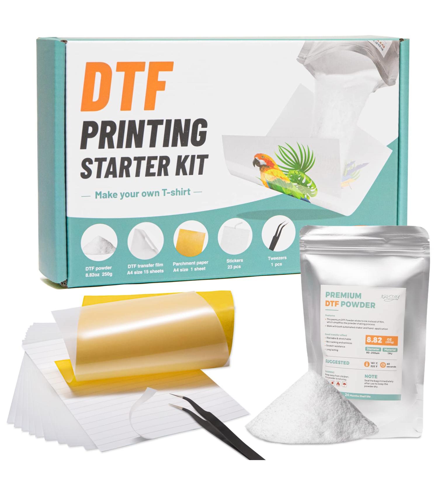 KASYU DTF Transfer Powder Film Kit - All-in-1 DTF Starter Kit for Sublimation Printer - 8.8oz White Hot Melt Adhesive & 15 Iron-on Transfer Paper - Fabric DTF Starter Kit - Buy Online on GoSupps.com